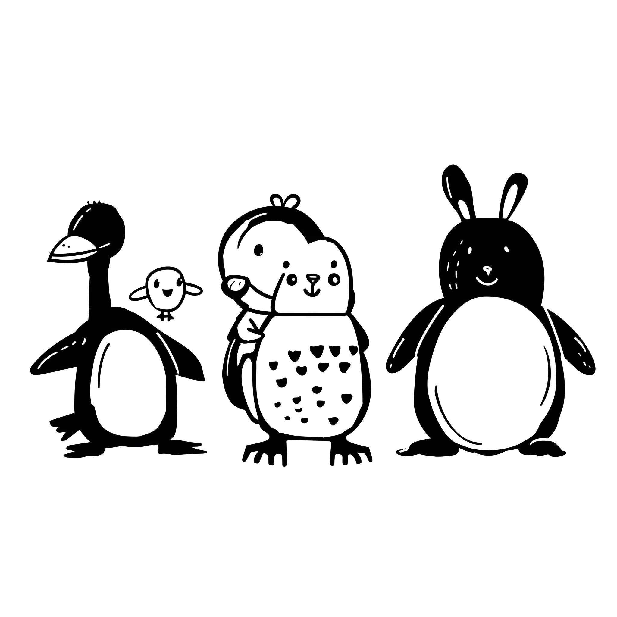 Cool Playful Cartoon Animals Drawing Idea (free black-and-white line drawing printable PDF for all, from beginners to advanced learners, including children, teens, adults, and seniors)