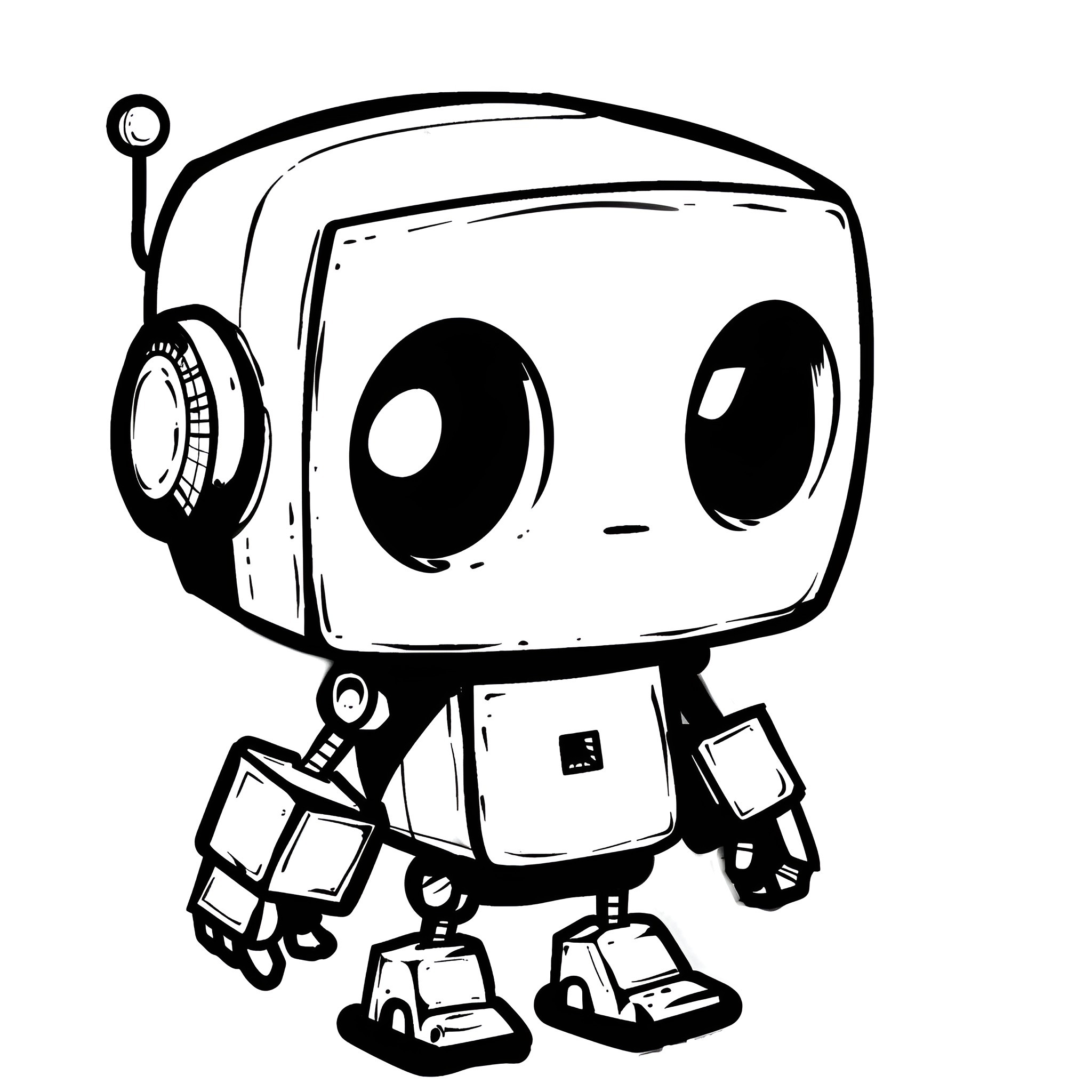 Cool Curious Robot Character Drawing Idea (free black-and-white line drawing printable PDF for all, from beginners to advanced learners, including children, teens, adults, and seniors)
