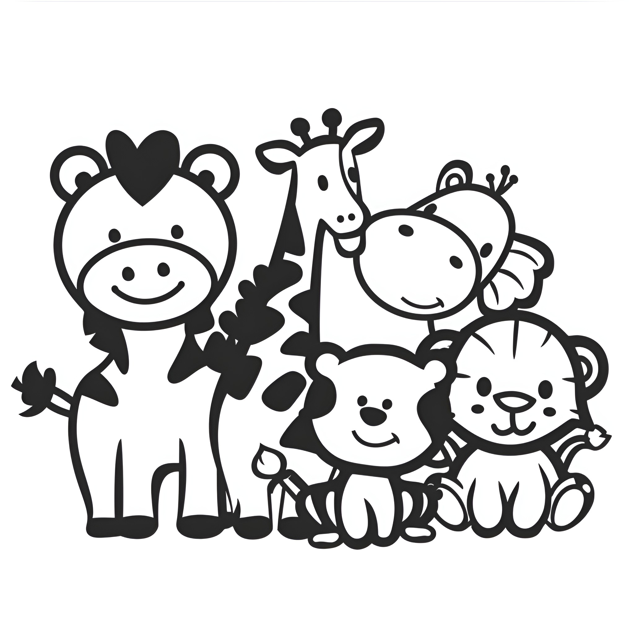 Cool Playful Cartoon Animals Drawing Idea (free black-and-white line drawing printable PDF for all, from beginners to advanced learners, including children, teens, adults, and seniors)