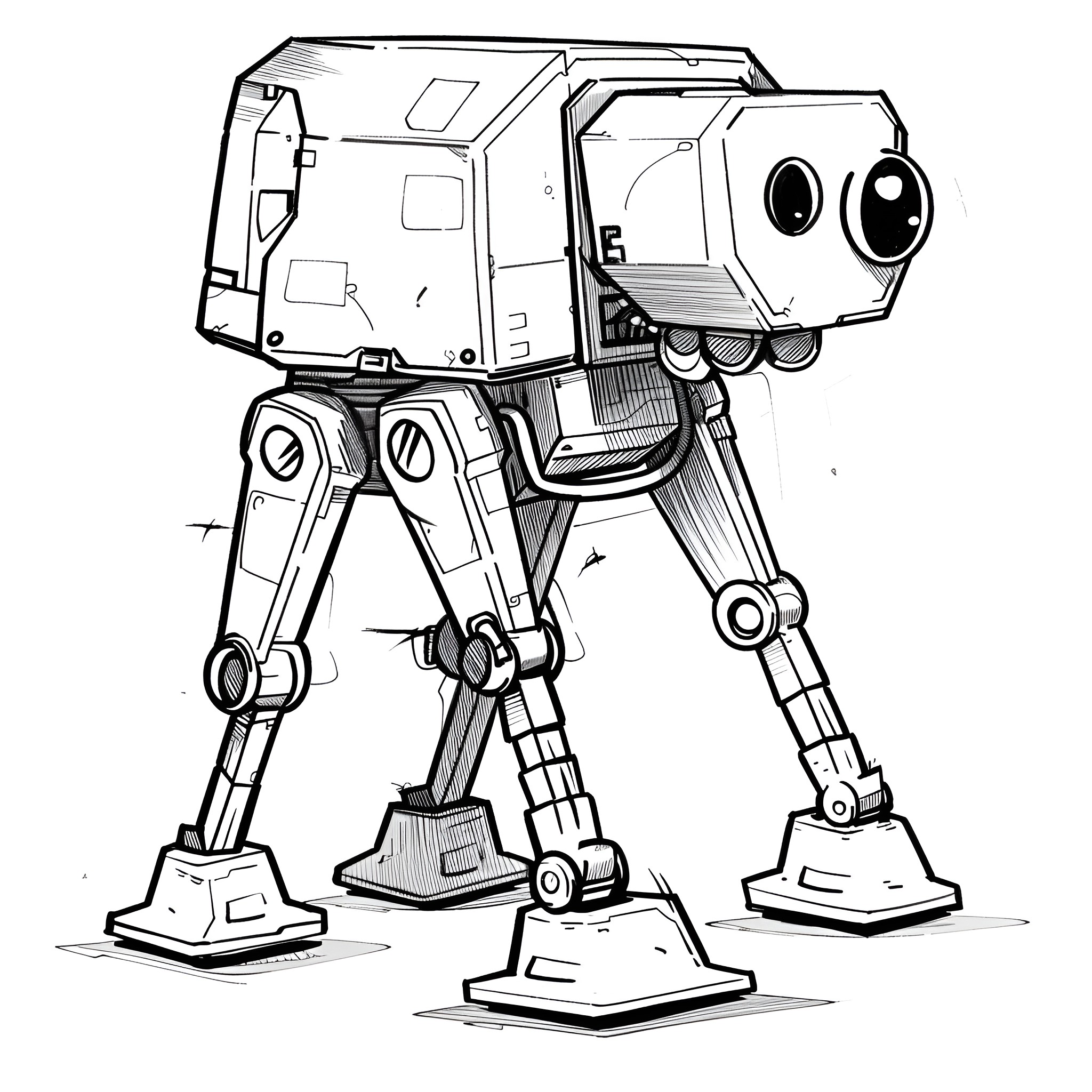 Cool Futuristic Robot Walking Mech Drawing Idea (free black-and-white line drawing printable PDF for all, from beginners to advanced learners, including children, teens, adults, and seniors)