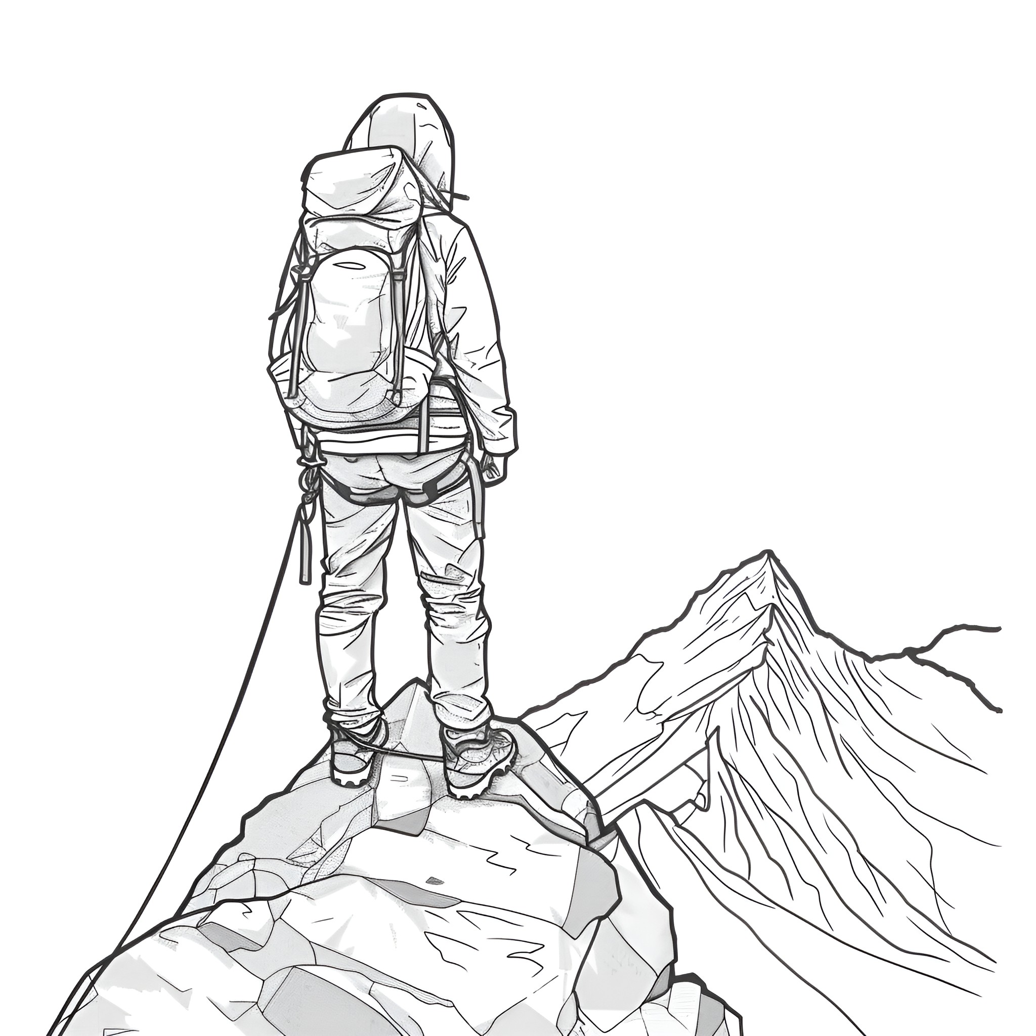 Cool Hiker Exploring Mountain Terrain Drawing Idea (free black-and-white line drawing printable PDF for all, from beginners to advanced learners, including children, teens, adults, and seniors)