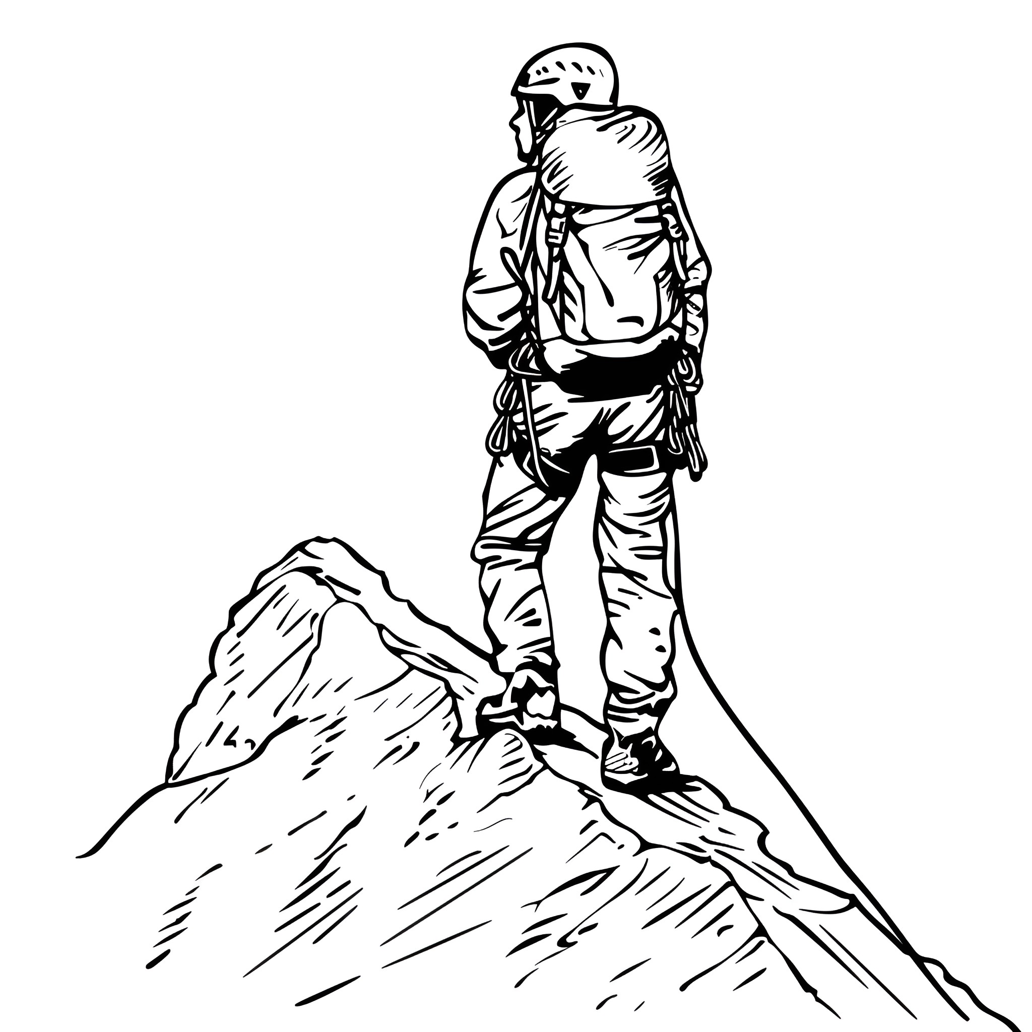 Cool Mountaineer Ascending Rugged Peak Drawing Idea (free black-and-white line drawing printable PDF for all, from beginners to advanced learners, including children, teens, adults, and seniors)