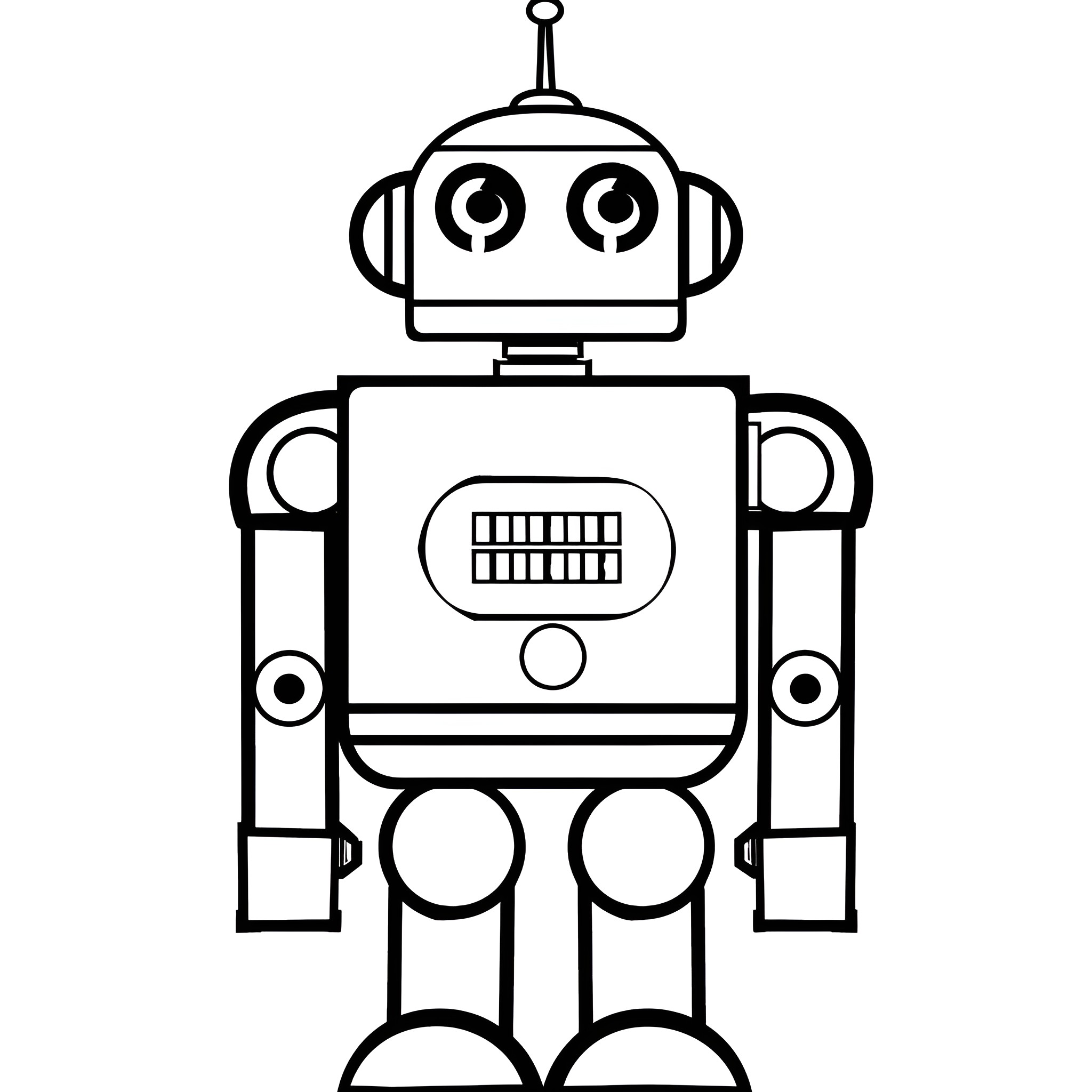 Cool Robot Character with Expressive Eyes Drawing Idea (free black-and-white line drawing printable PDF for all, from beginners to advanced learners, including children, teens, adults, and seniors)