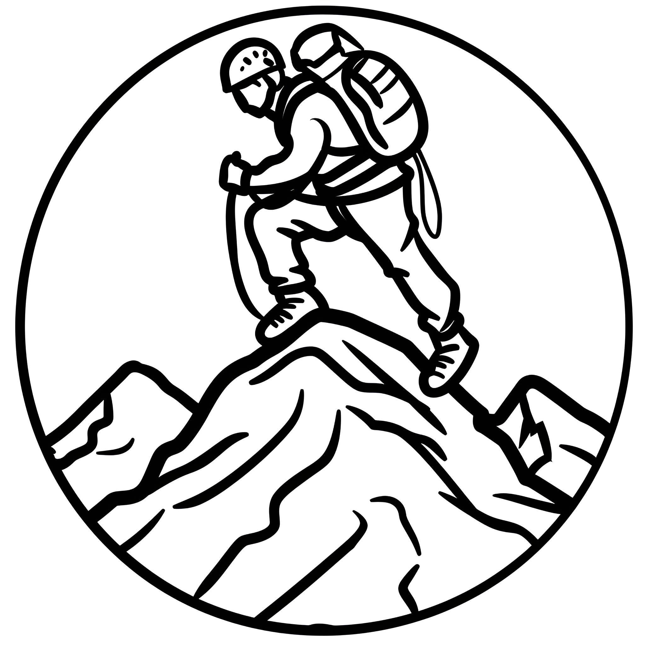 Cool Mountaineer Climbing Peak Drawing Idea (free black-and-white line drawing printable PDF for all, from beginners to advanced learners, including children, teens, adults, and seniors)