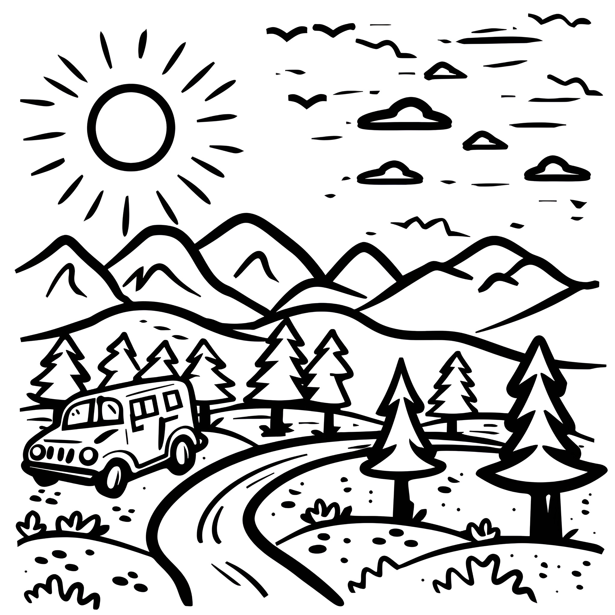 Cool Outdoor Adventure Scene with Camper Drawing Idea (free black-and-white line drawing printable PDF for all, from beginners to advanced learners, including children, teens, adults, and seniors)