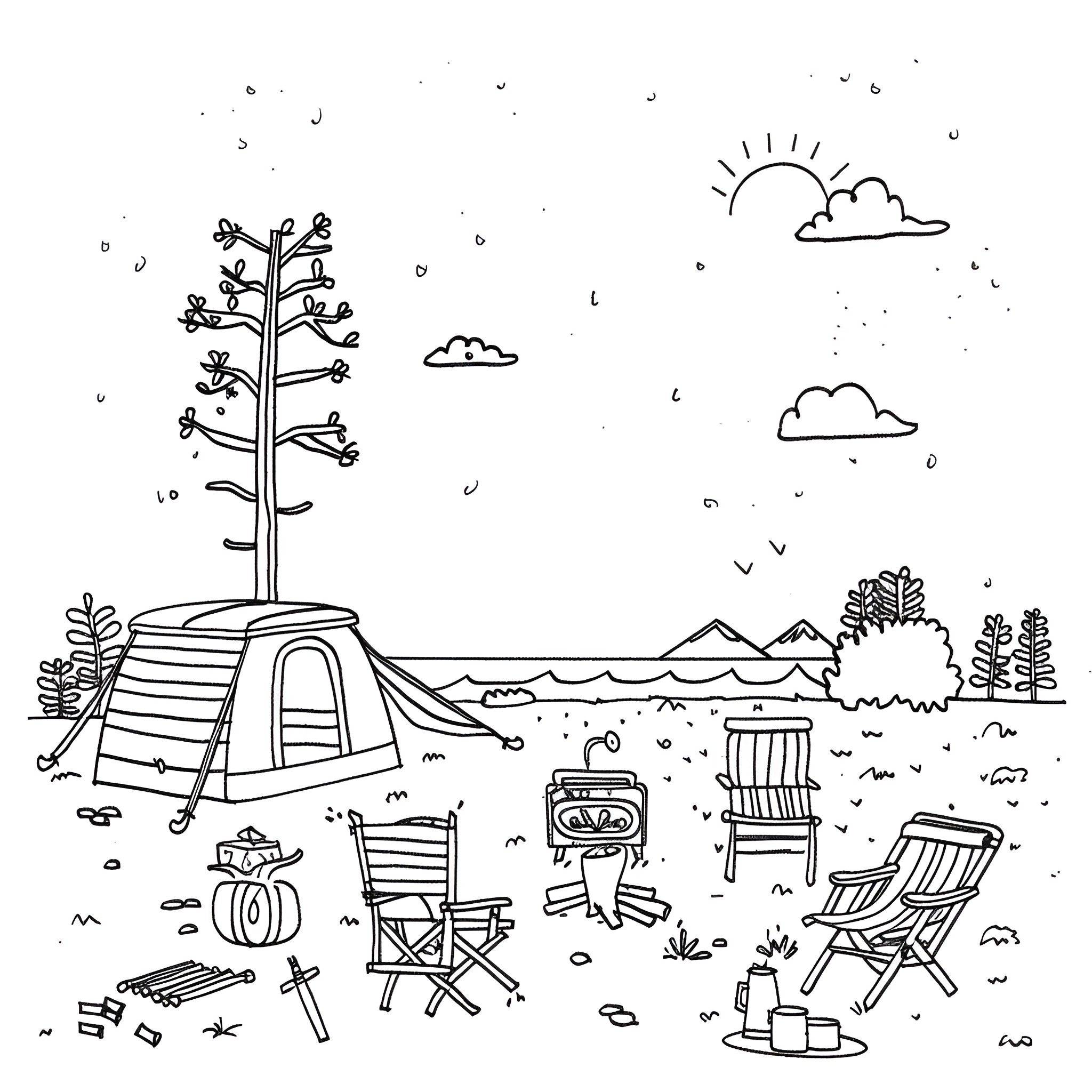 Cool Outdoor Adventure with Camping Gear Drawing Idea (free black-and-white line drawing printable PDF for all, from beginners to advanced learners, including children, teens, adults, and seniors)