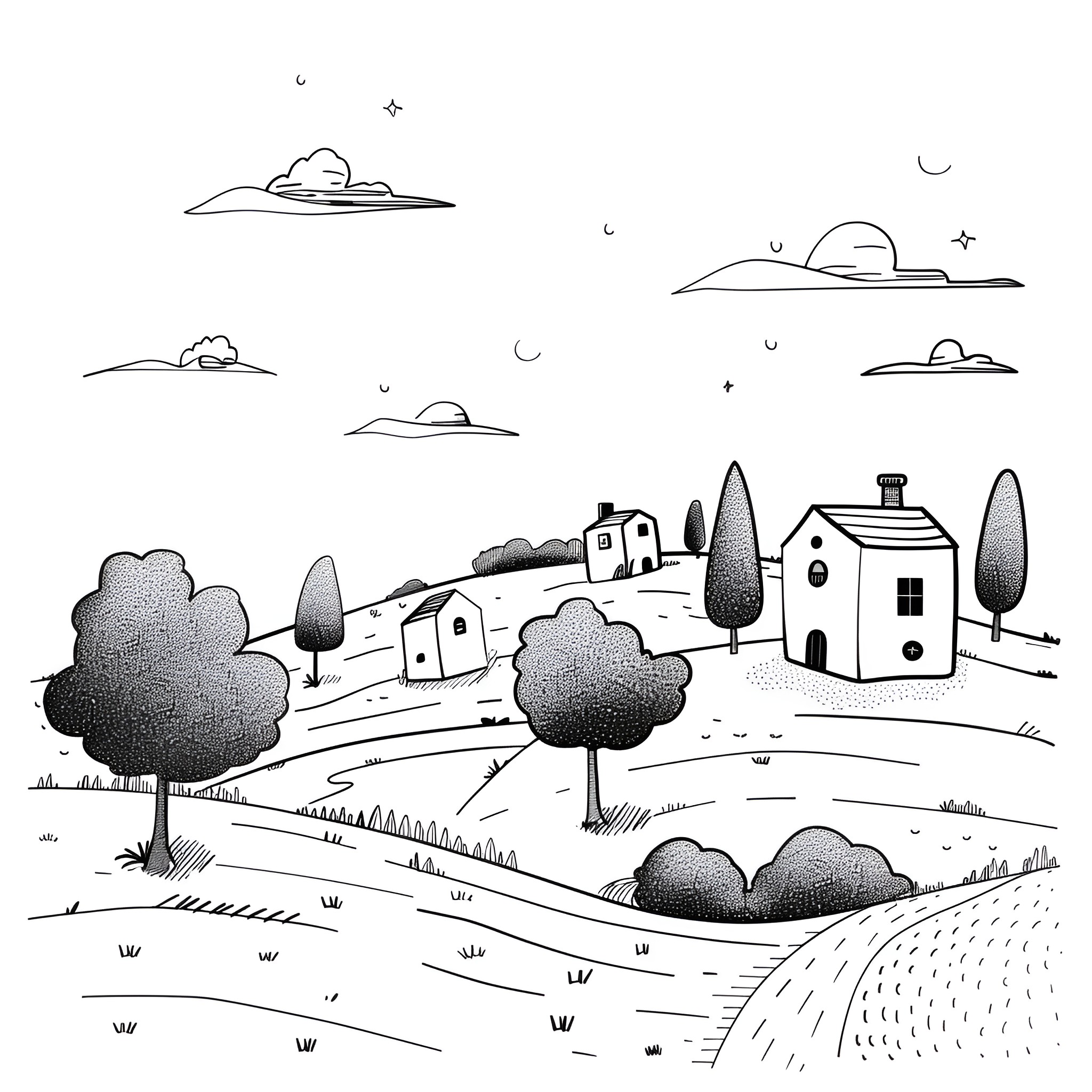 Cool Whimsical Countryside Landscape Drawing Idea (free black-and-white line drawing printable PDF for all, from beginners to advanced learners, including children, teens, adults, and seniors)