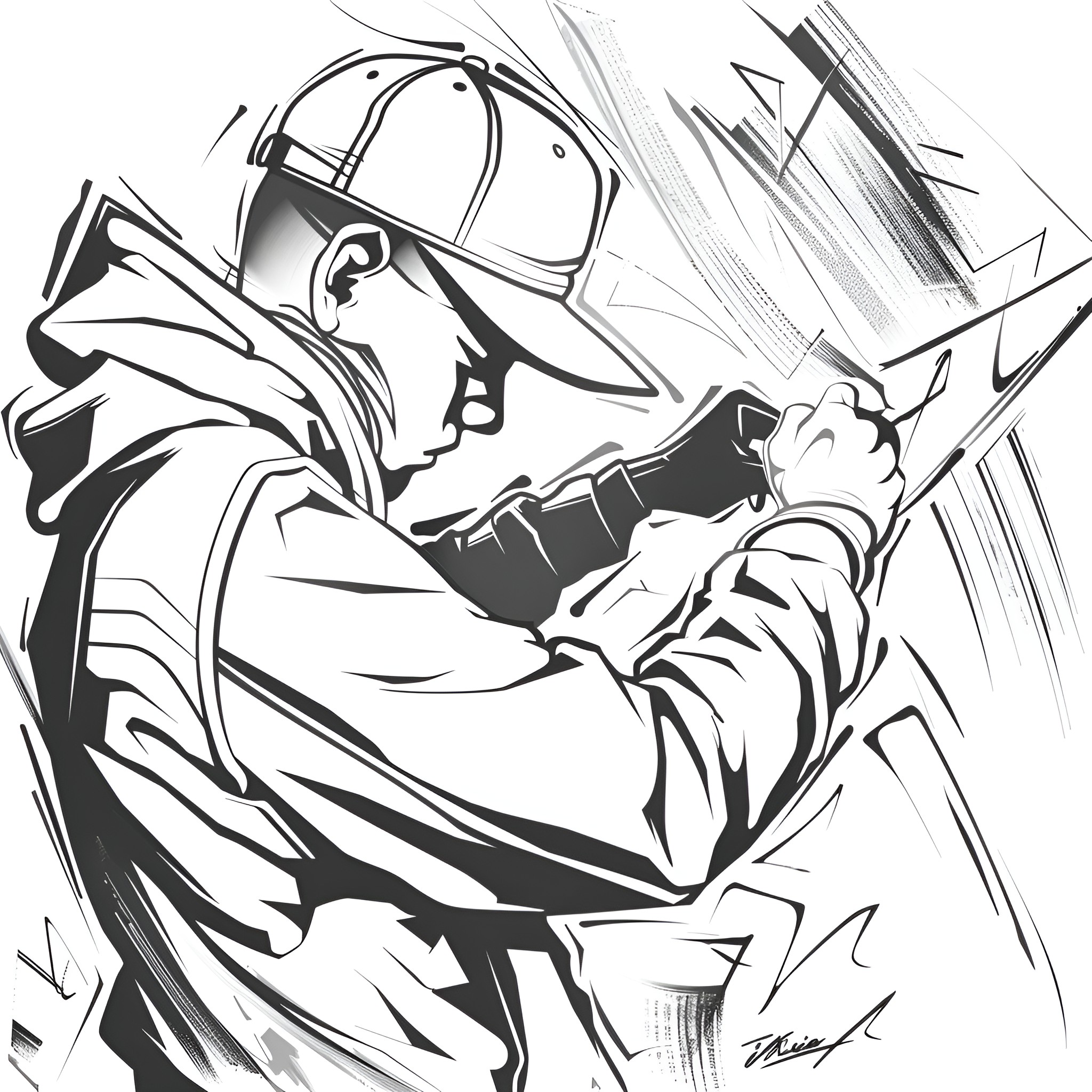 Cool Heroic Warrior in Action Drawing Idea (free black-and-white line drawing printable PDF for all, from beginners to advanced learners, including children, teens, adults, and seniors)