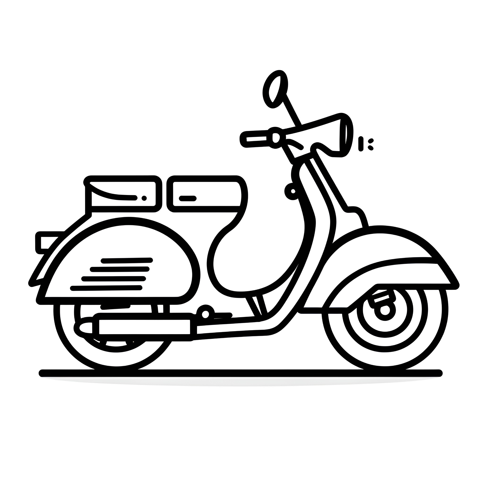Cool Retro Scooter Illustration Drawing Idea (free black-and-white line drawing printable PDF for all, from beginners to advanced learners, including children, teens, adults, and seniors)