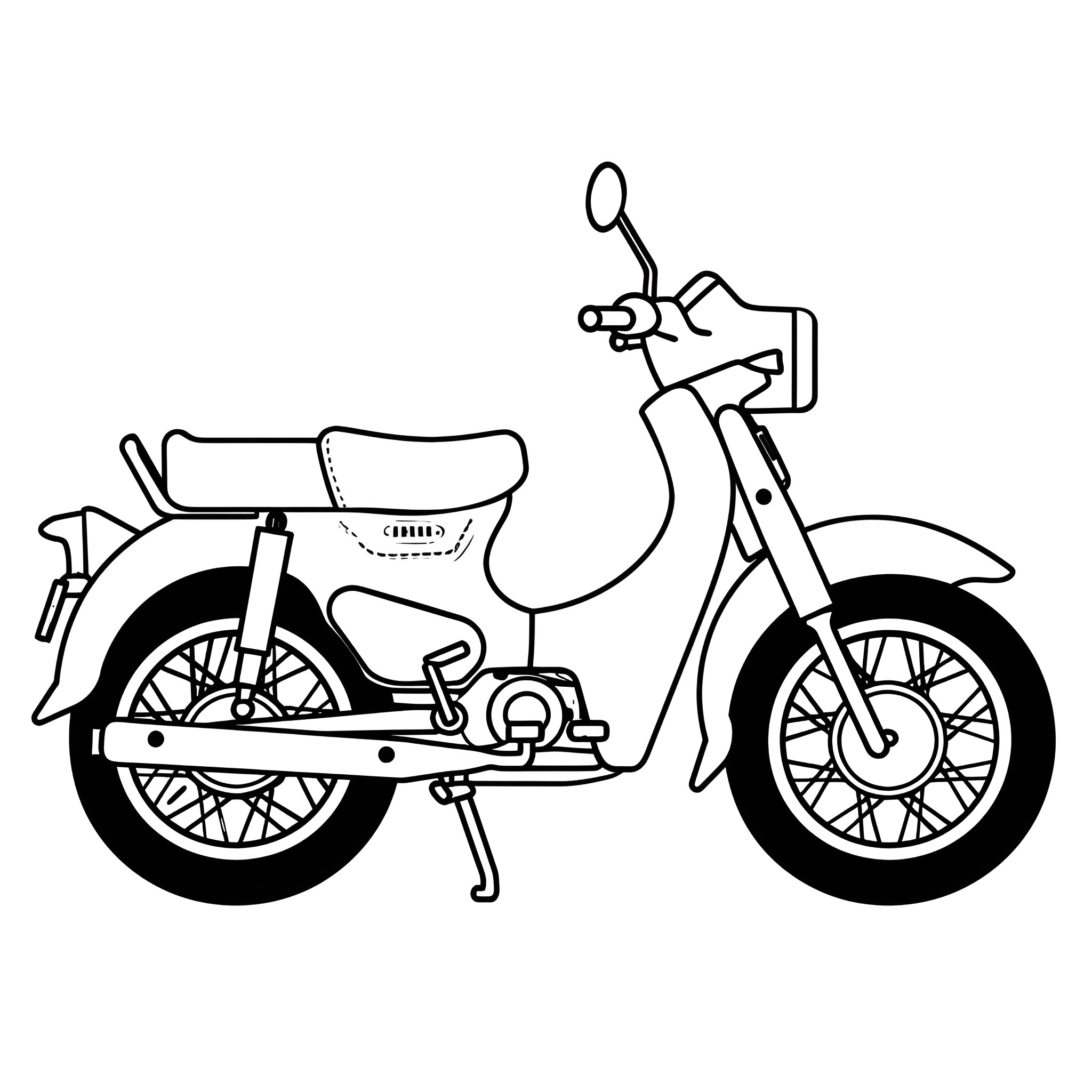 Cool Retro Motorcycle Design Drawing Idea (free black-and-white line drawing printable PDF for all, from beginners to advanced learners, including children, teens, adults, and seniors)
