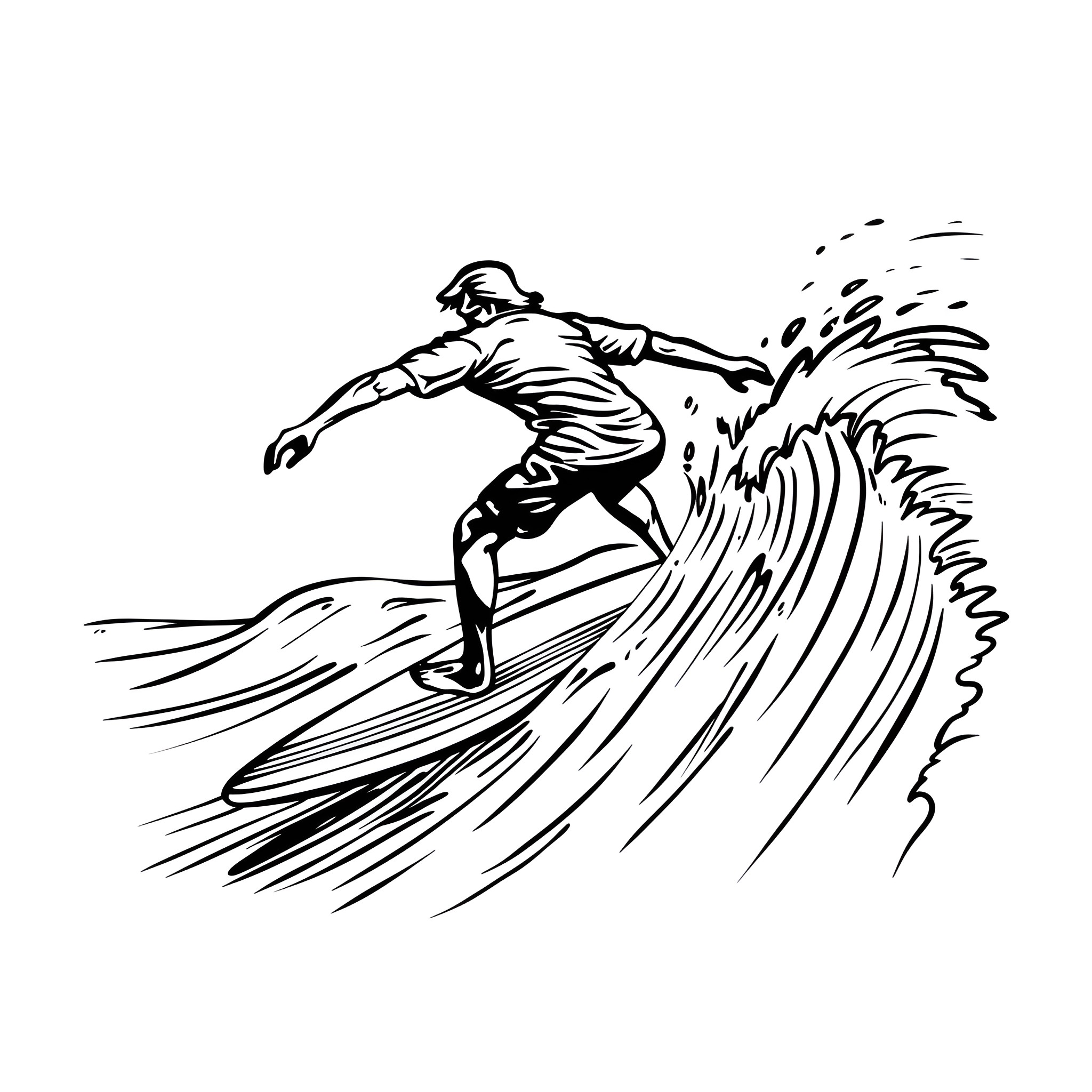 Cool Surfer Riding the Waves Drawing Idea (free black-and-white line drawing printable PDF for all, from beginners to advanced learners, including children, teens, adults, and seniors)