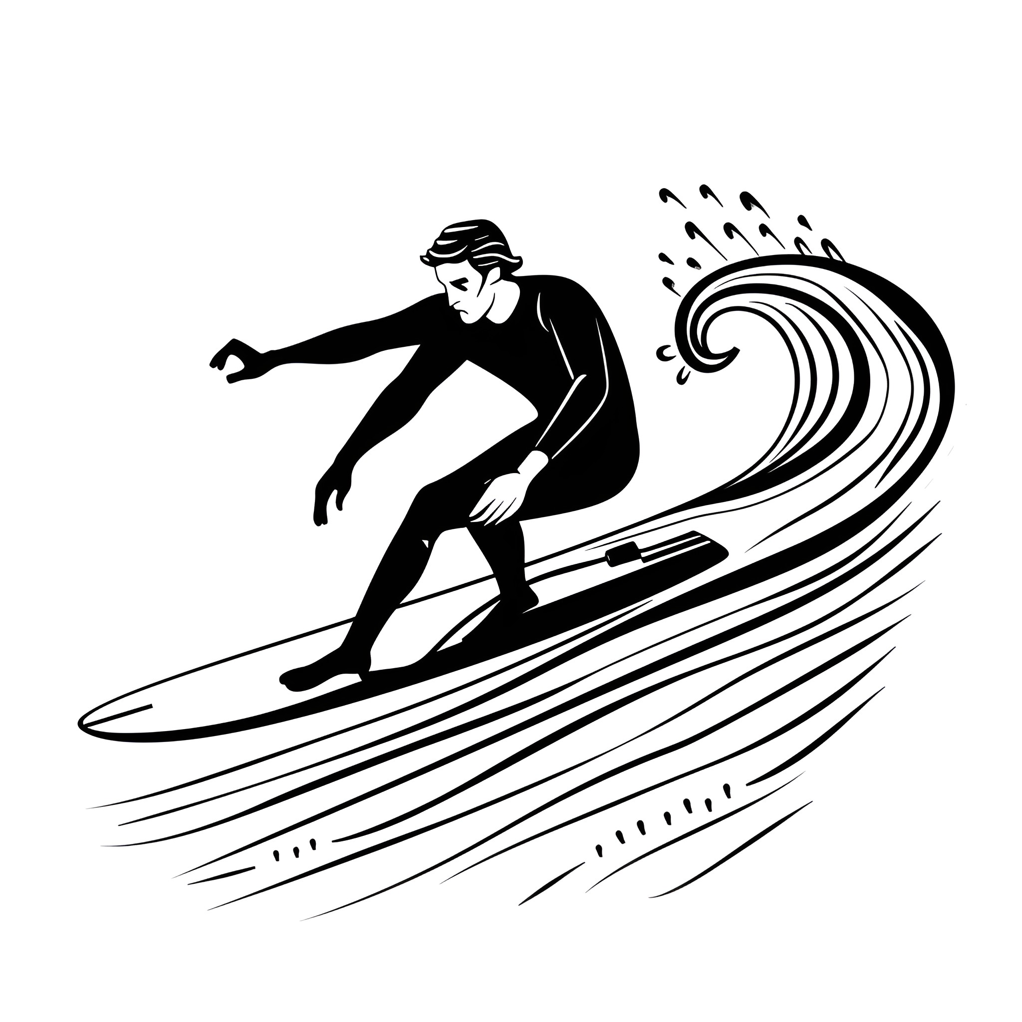 Cool Surfer Riding Big Wave Drawing Idea (free black-and-white line drawing printable PDF for all, from beginners to advanced learners, including children, teens, adults, and seniors)
