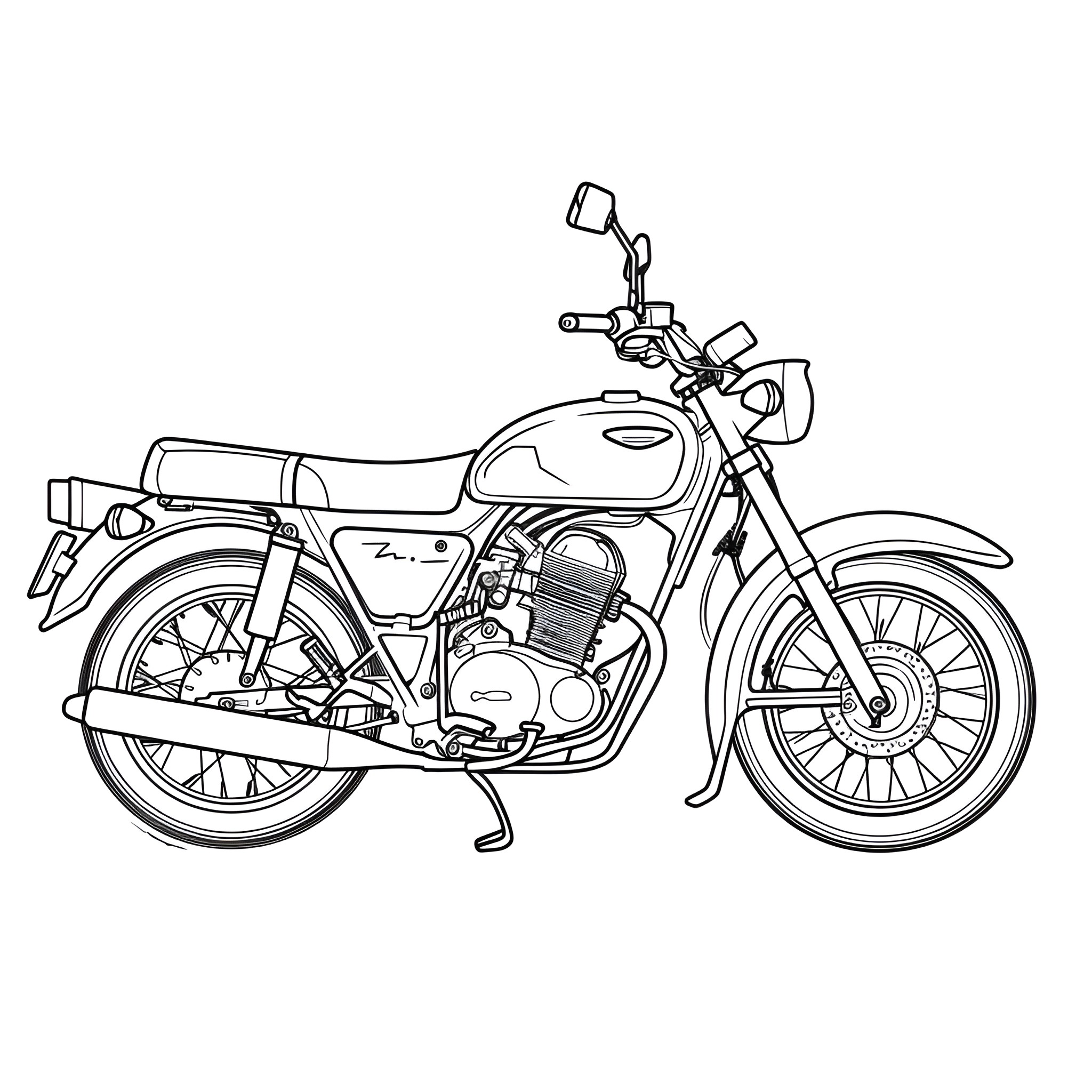 Cool Vintage Motorcycle Illustration Drawing Idea (free black-and-white line drawing printable PDF for all, from beginners to advanced learners, including children, teens, adults, and seniors)