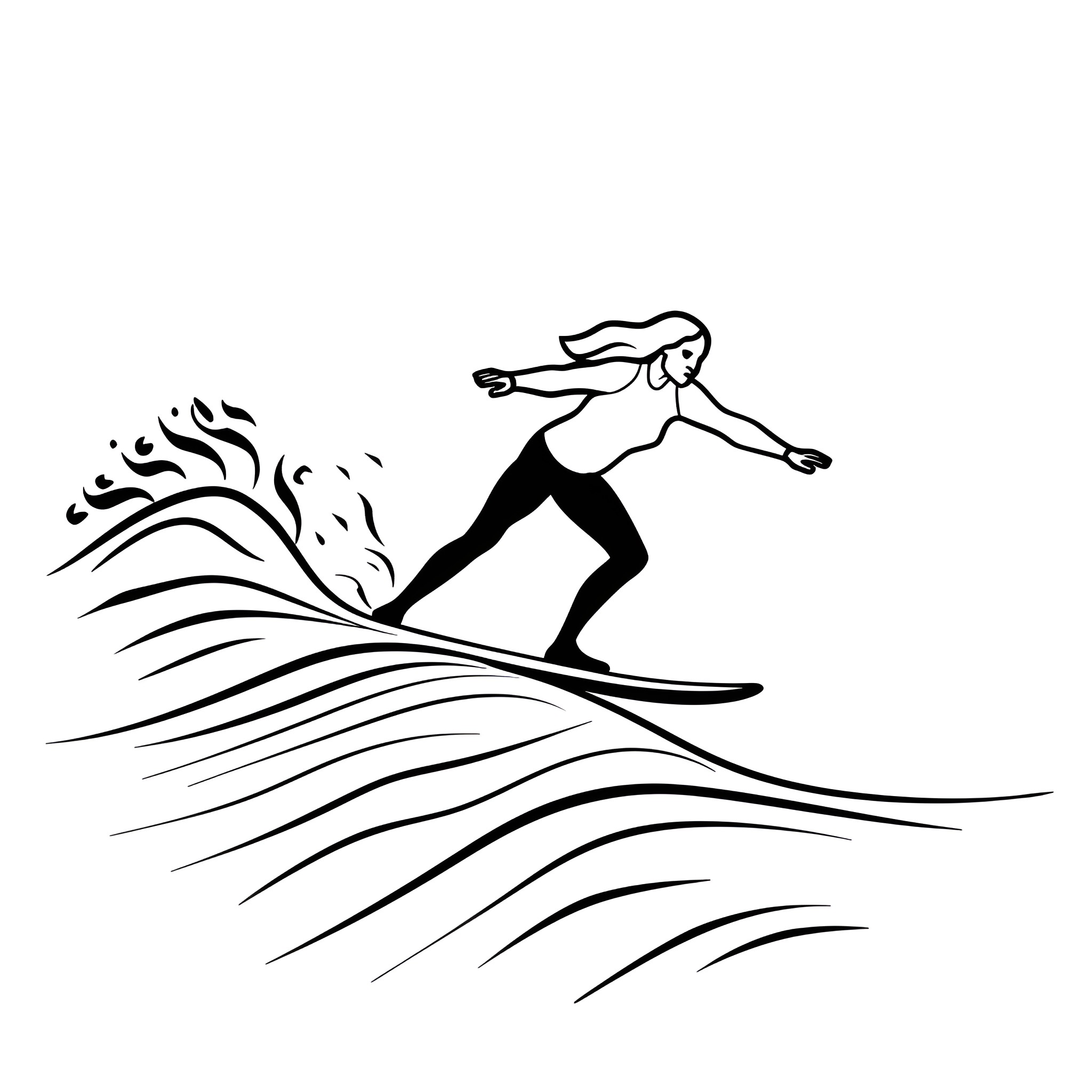 Cool Surfer Riding Waves Drawing Idea (free black-and-white line drawing printable PDF for all, from beginners to advanced learners, including children, teens, adults, and seniors)