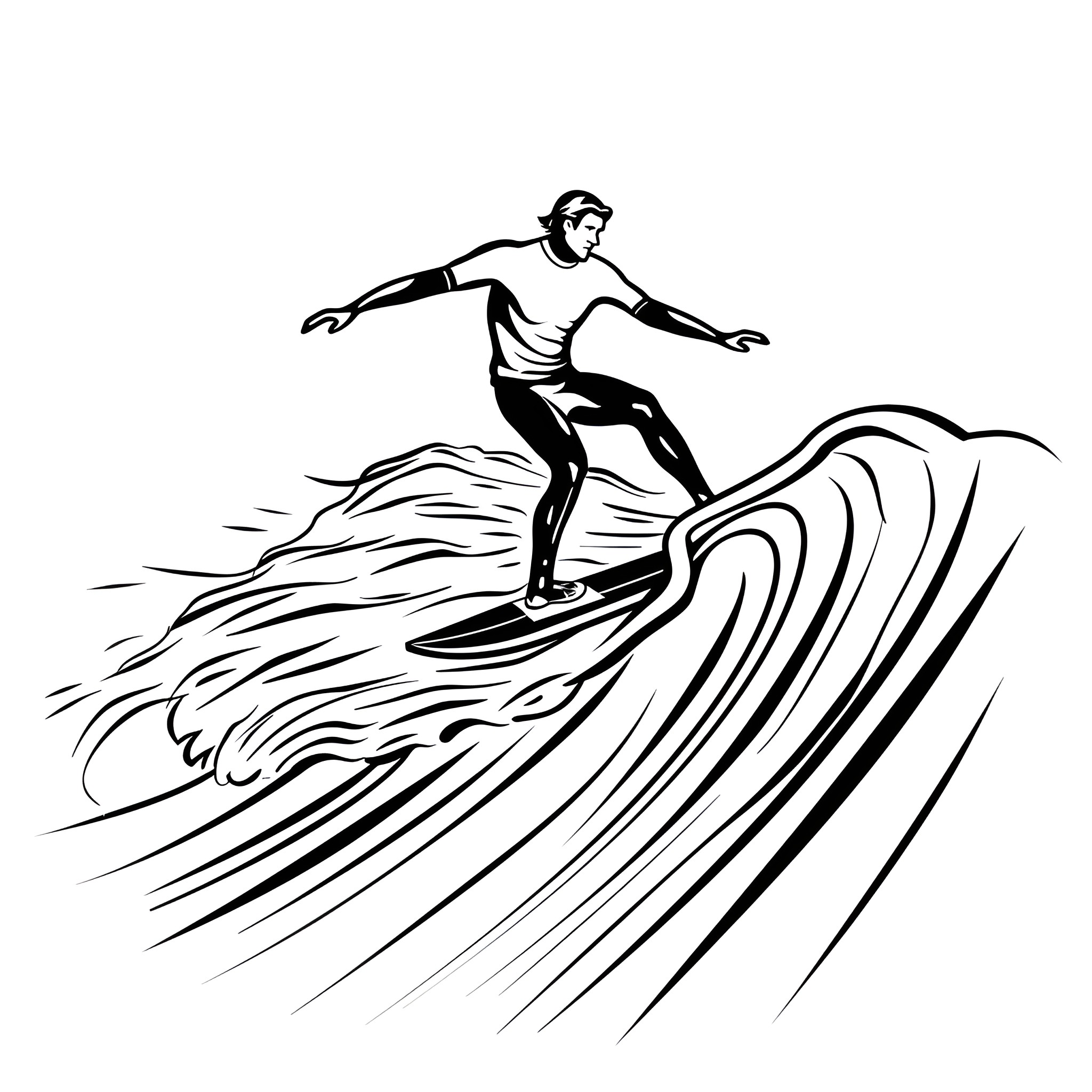 Cool surfer riding big wave Drawing Idea (free black-and-white line drawing printable PDF for all, from beginners to advanced learners, including children, teens, adults, and seniors)