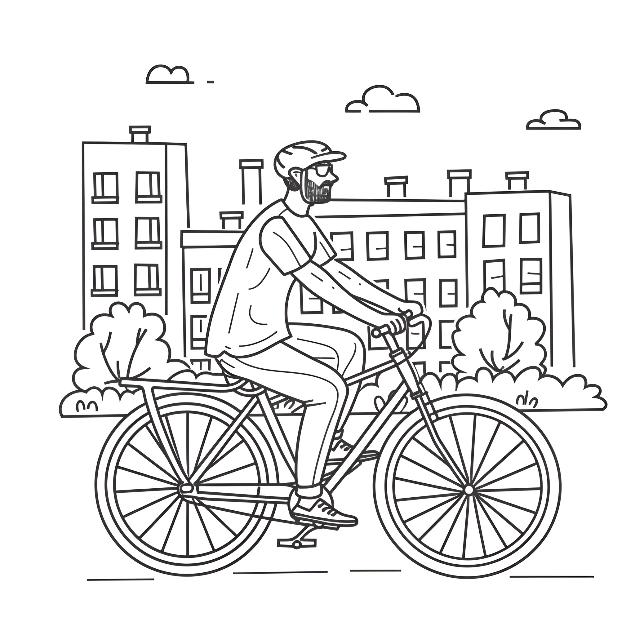 Cool Cyclist biking through urban landscape Drawing Idea (free black-and-white line drawing printable PDF for all, from beginners to advanced learners, including children, teens, adults, and seniors)