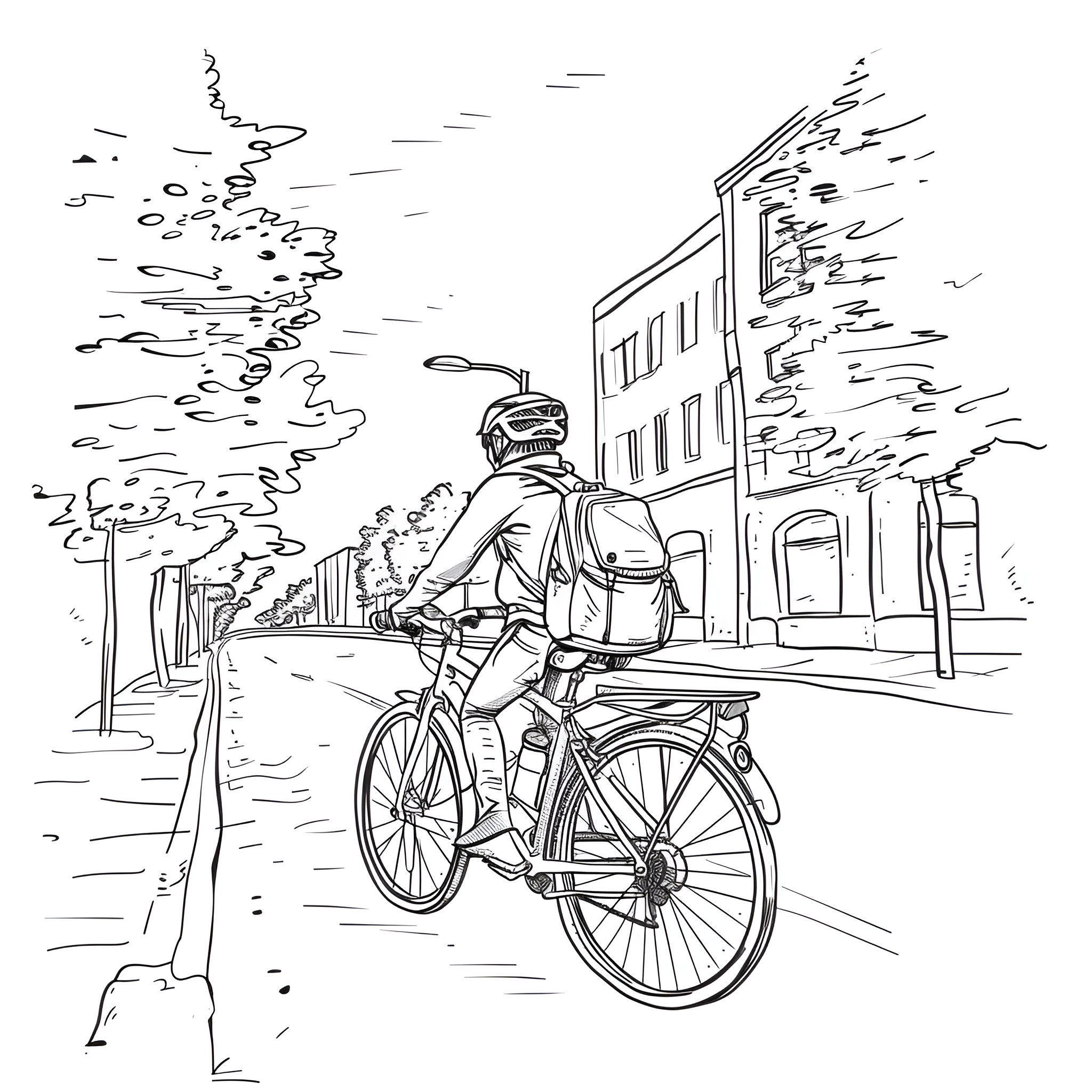 Cool Cyclist Riding Through City Drawing Idea (free black-and-white line drawing printable PDF for all, from beginners to advanced learners, including children, teens, adults, and seniors)