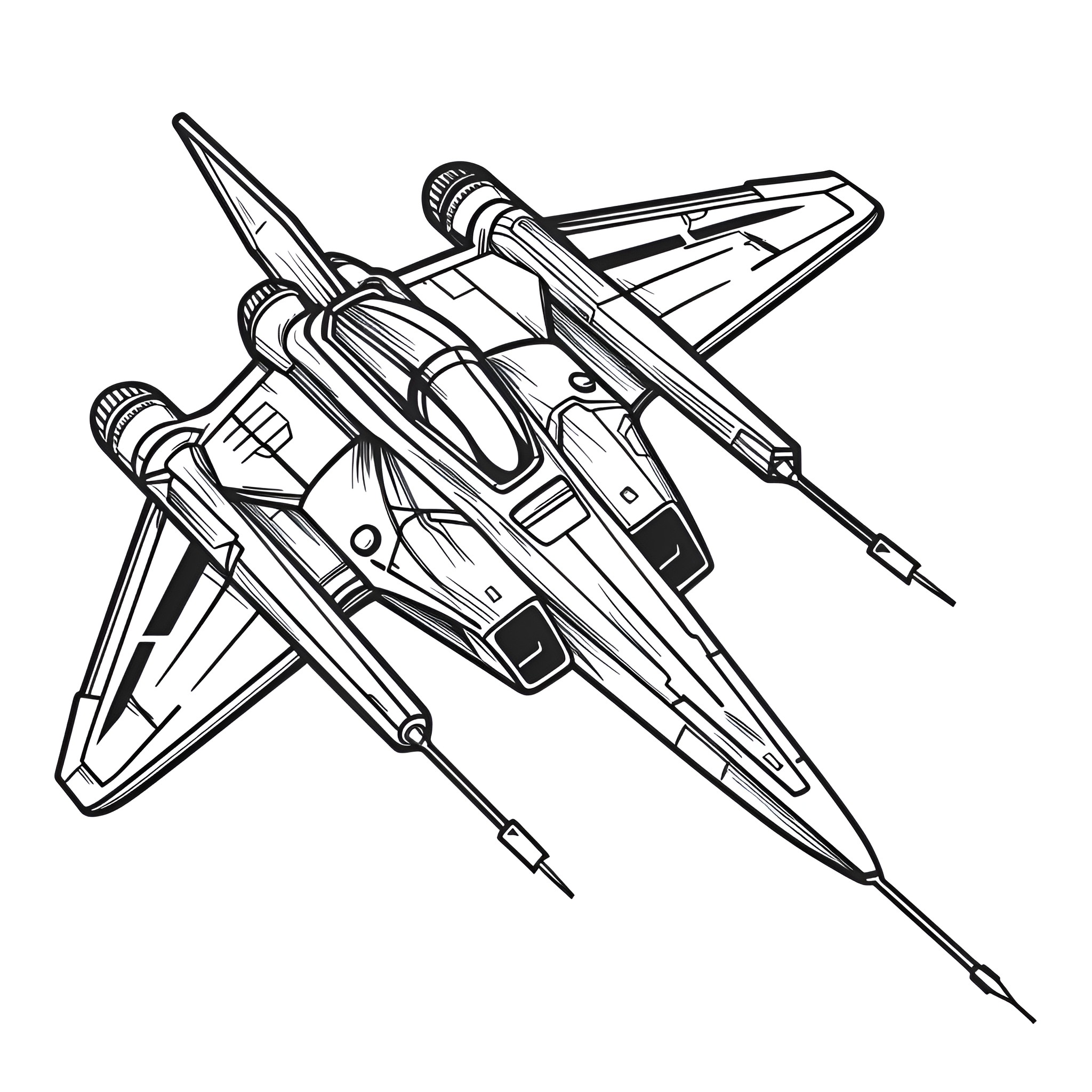 Cool futuristic spacecraft in flight Drawing Idea (free black-and-white line drawing printable PDF for all, from beginners to advanced learners, including children, teens, adults, and seniors)