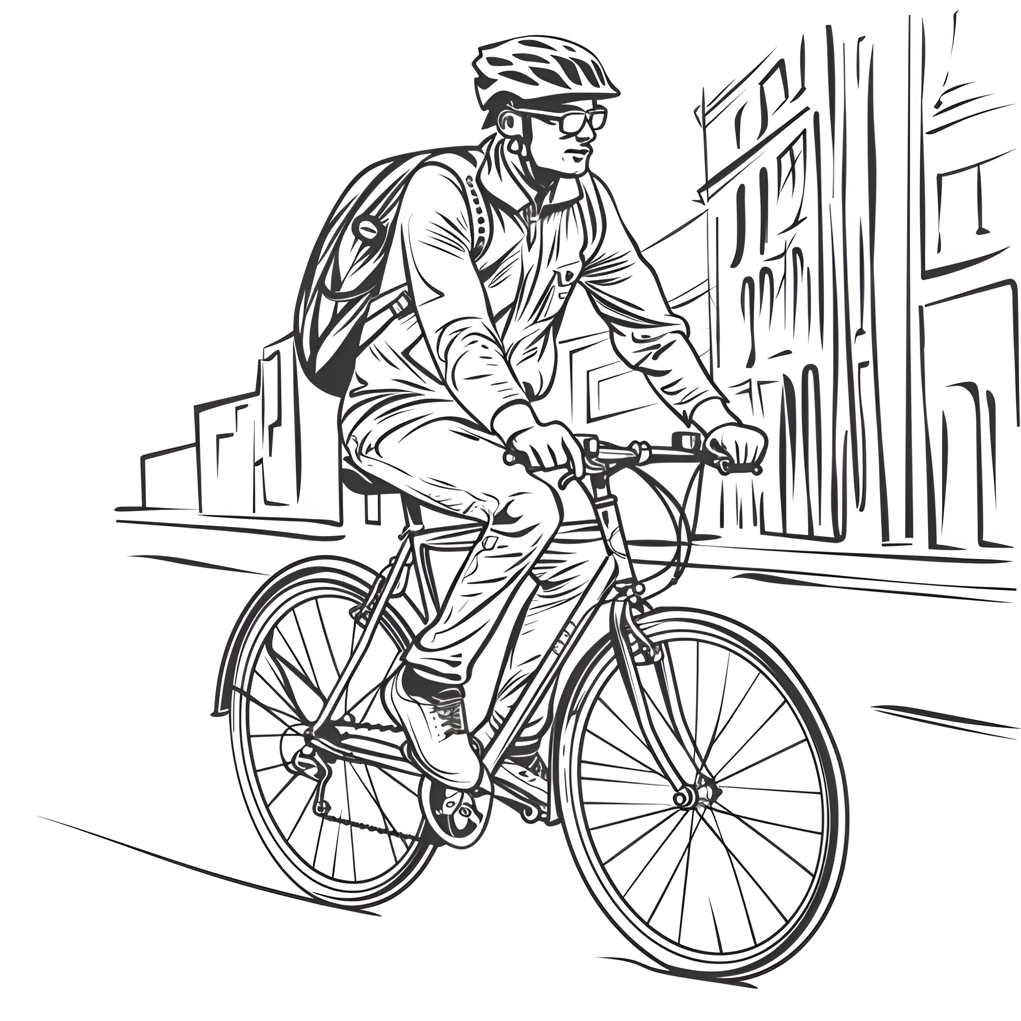 Cool Cyclist Riding Through City Drawing Idea (free black-and-white line drawing printable PDF for all, from beginners to advanced learners, including children, teens, adults, and seniors)