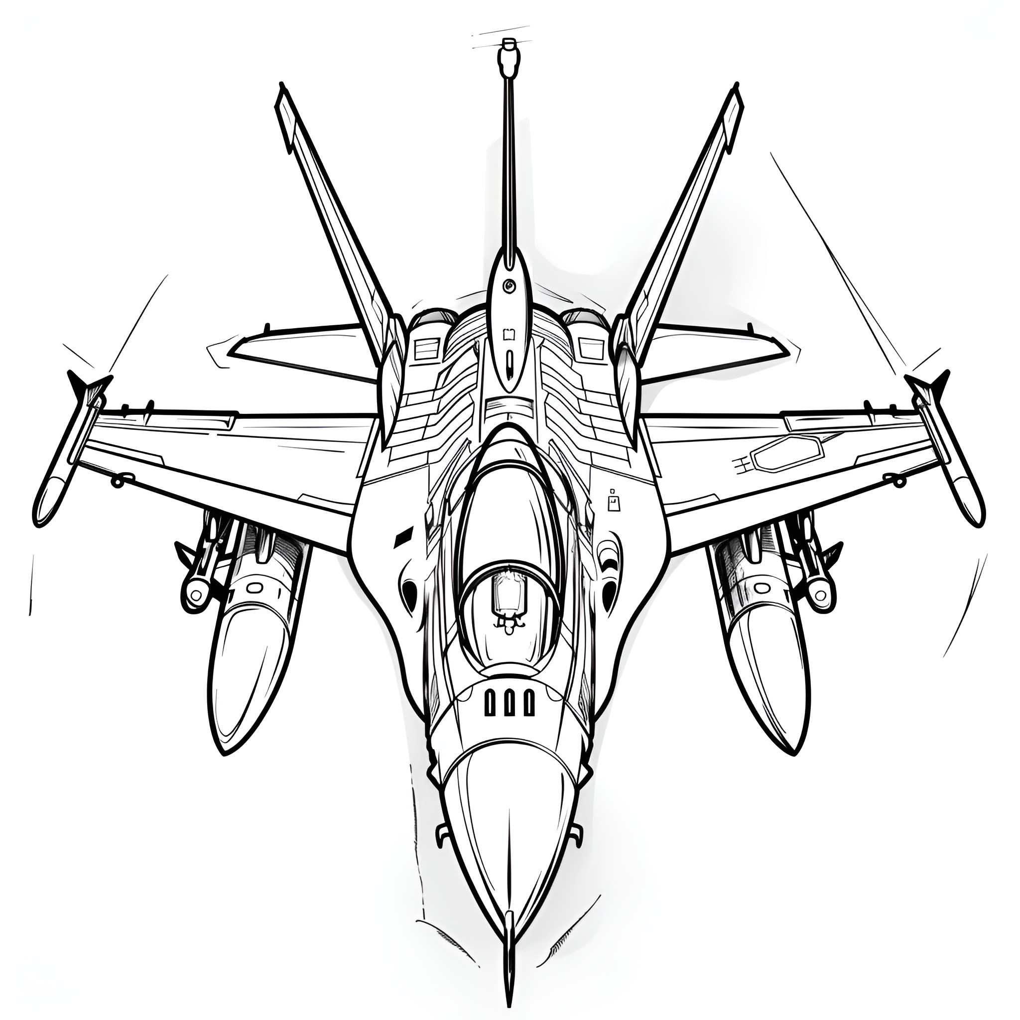 Cool Futuristic Fighter Jet Illustration Drawing Idea (free black-and-white line drawing printable PDF for all, from beginners to advanced learners, including children, teens, adults, and seniors)