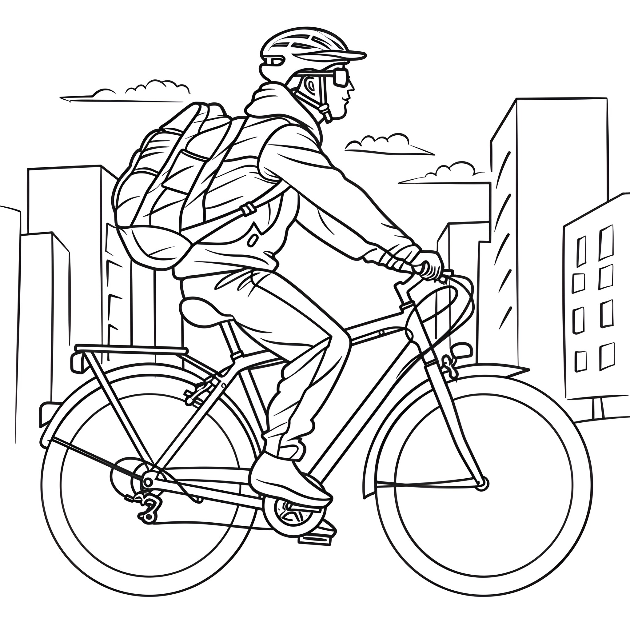 Cool Commuter Cyclist in Urban Scene Drawing Idea (free black-and-white line drawing printable PDF for all, from beginners to advanced learners, including children, teens, adults, and seniors)
