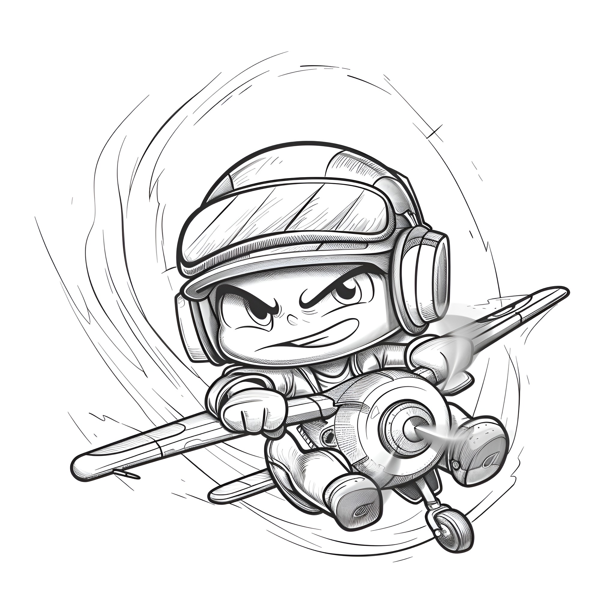 Cool Pilot in action Drawing Idea (free black-and-white line drawing printable PDF for all, from beginners to advanced learners, including children, teens, adults, and seniors)