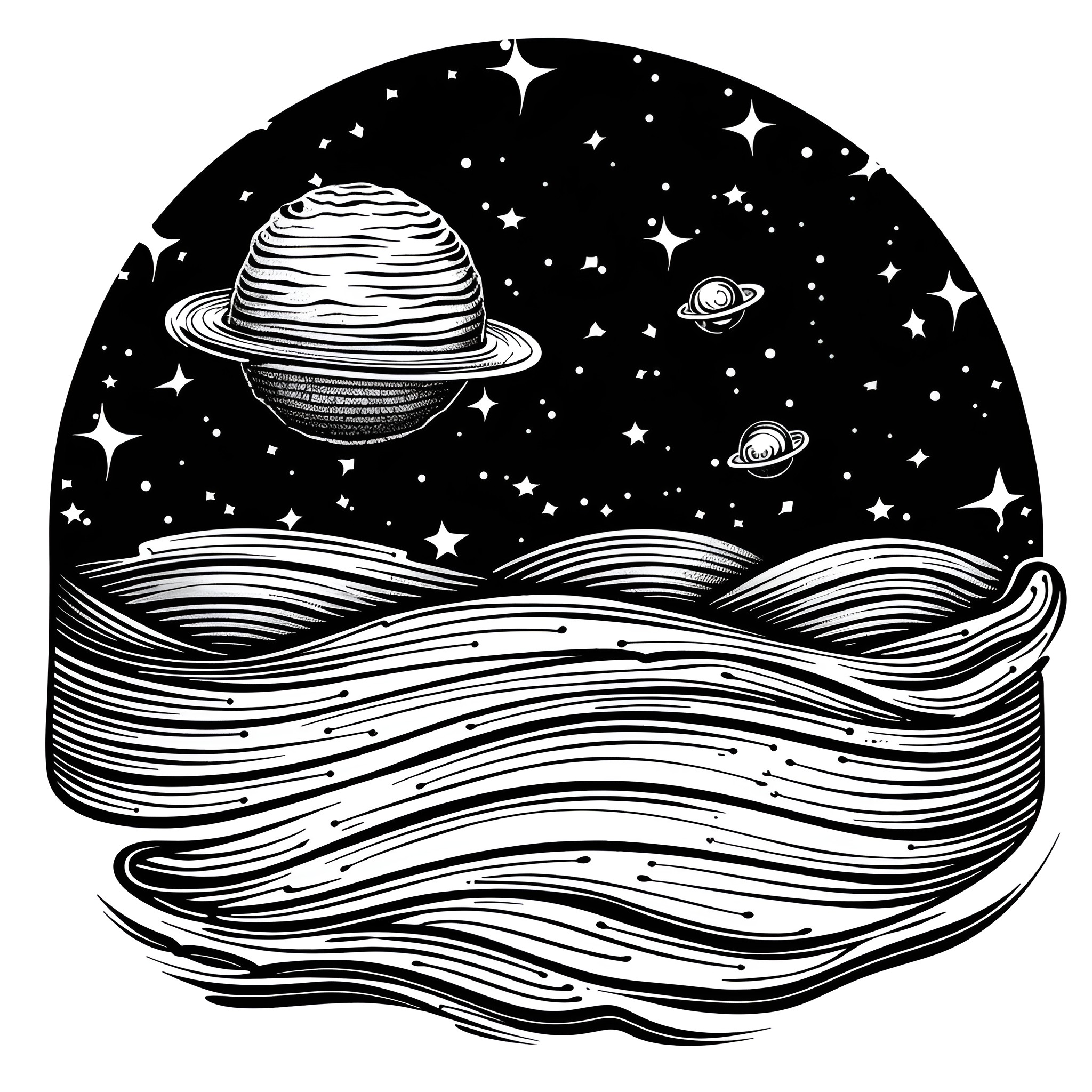 Cool cosmic landscape with planets and waves Drawing Idea (free black-and-white line drawing printable PDF for all, from beginners to advanced learners, including children, teens, adults, and seniors)