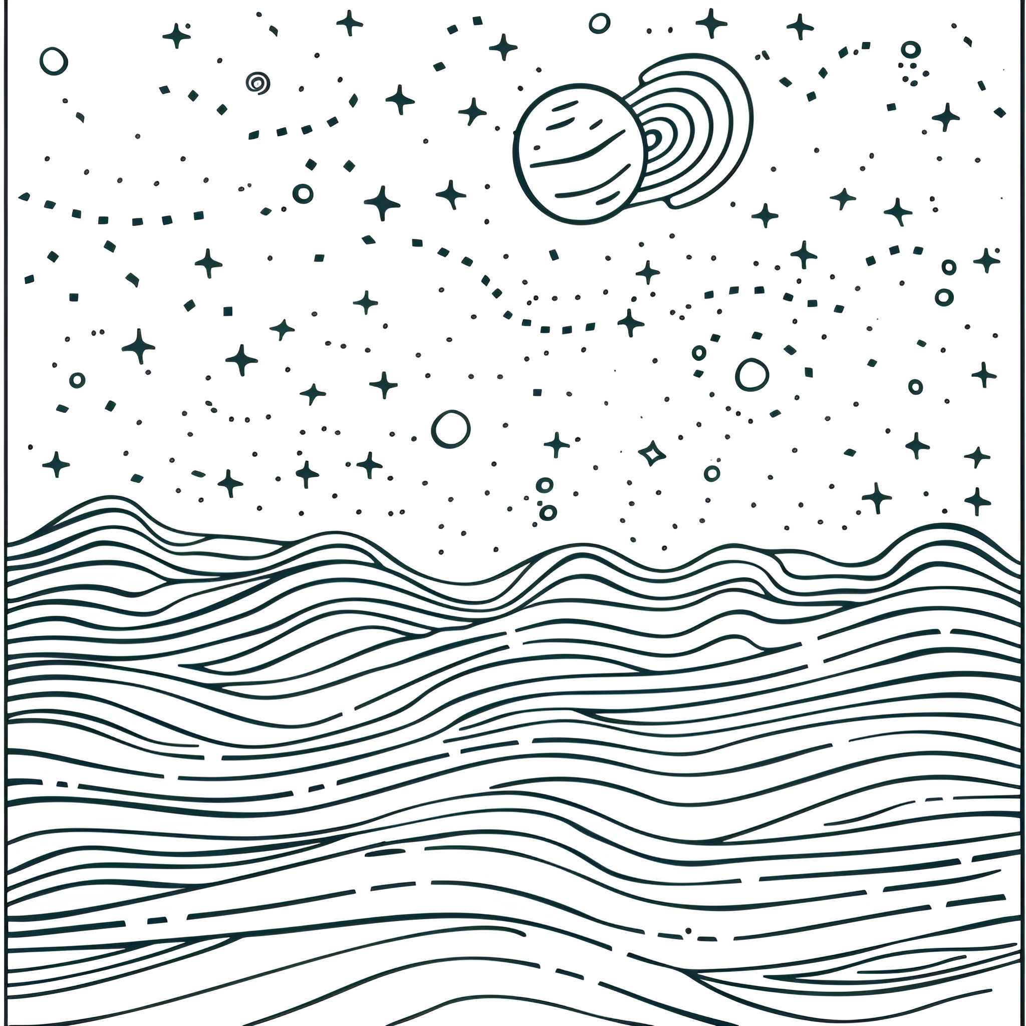 Cool Celestial Landscape with Planets Drawing Idea (free black-and-white line drawing printable PDF for all, from beginners to advanced learners, including children, teens, adults, and seniors)