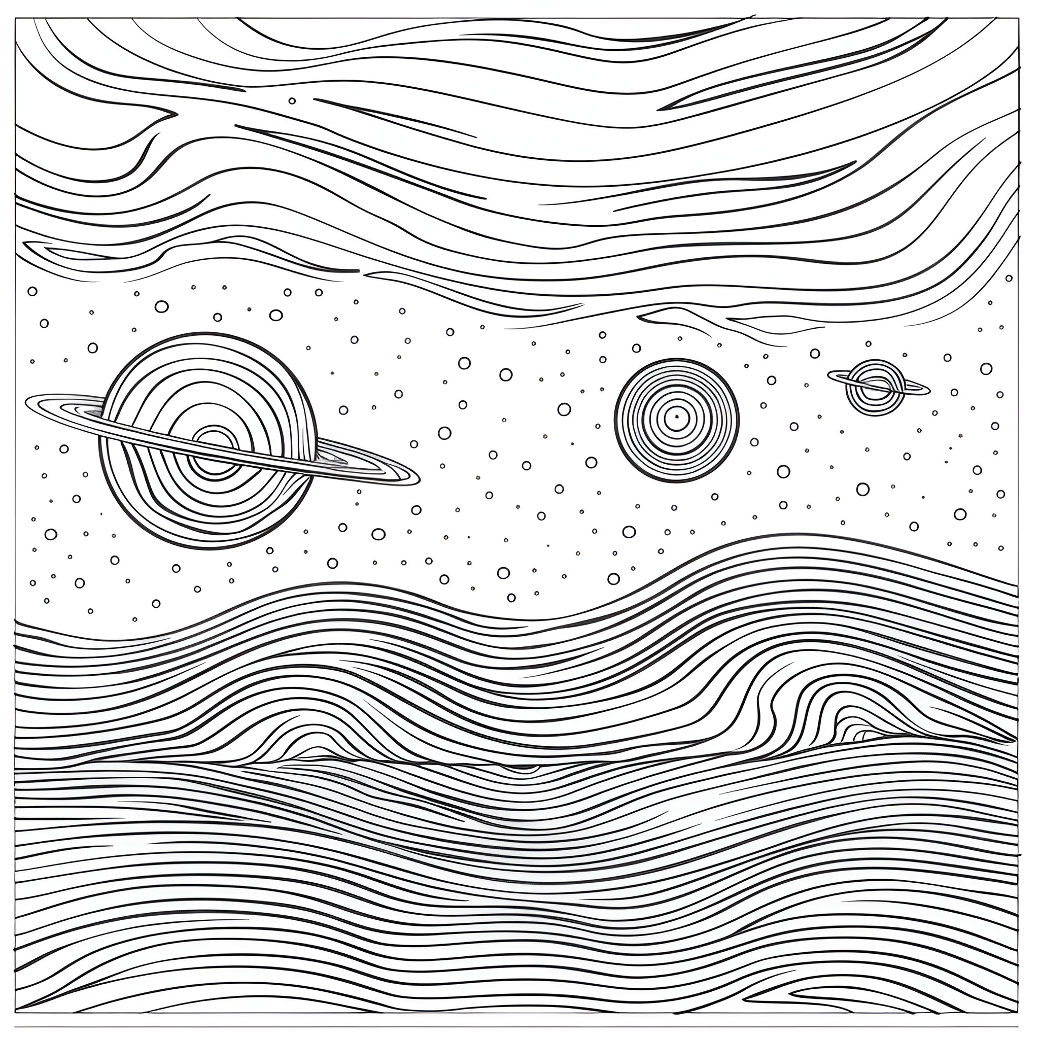 Cool Abstract Interstellar Landscape Drawing Idea (free black-and-white line drawing printable PDF for all, from beginners to advanced learners, including children, teens, adults, and seniors)