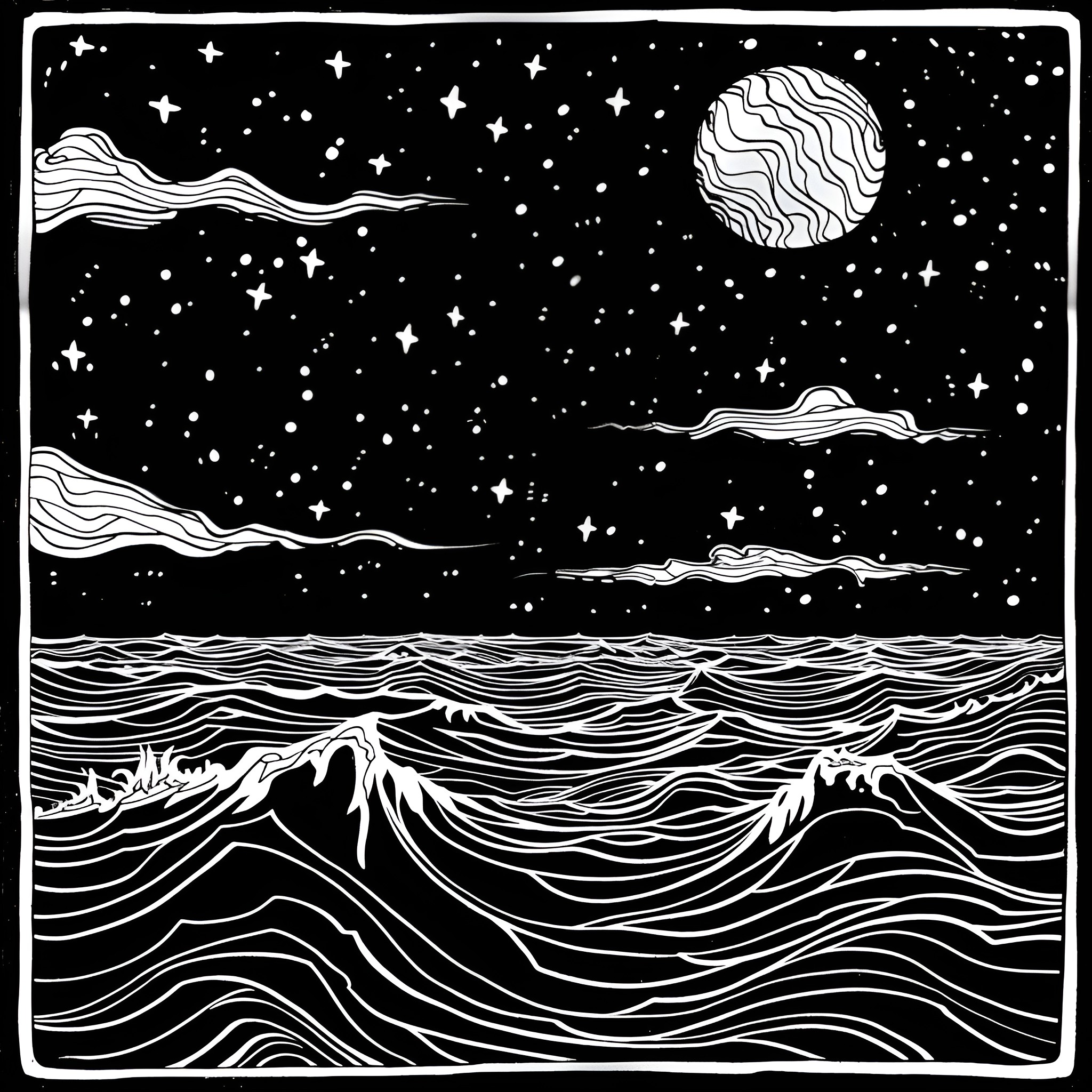 Cool Celestial Ocean Landscape Drawing Idea (free black-and-white line drawing printable PDF for all, from beginners to advanced learners, including children, teens, adults, and seniors)