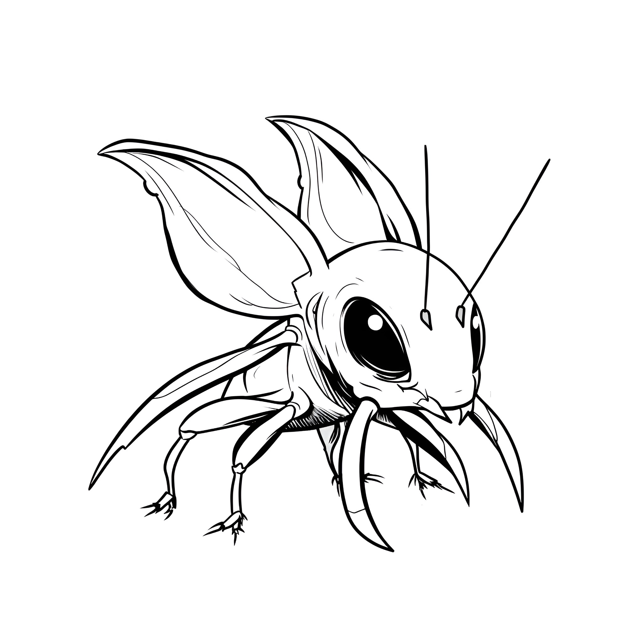 Cool Whimsical Insect Illustration Drawing Idea (free black-and-white line drawing printable PDF for all, from beginners to advanced learners, including children, teens, adults, and seniors)