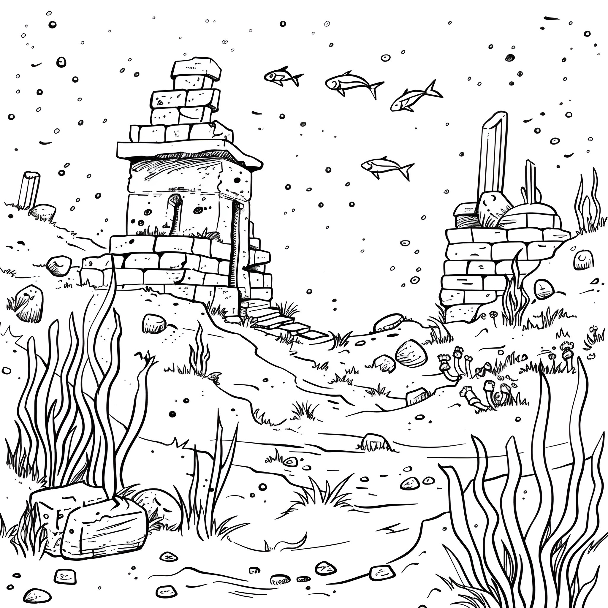 Cool underwater ruins with marine life Drawing Idea (free black-and-white line drawing printable PDF for all, from beginners to advanced learners, including children, teens, adults, and seniors)