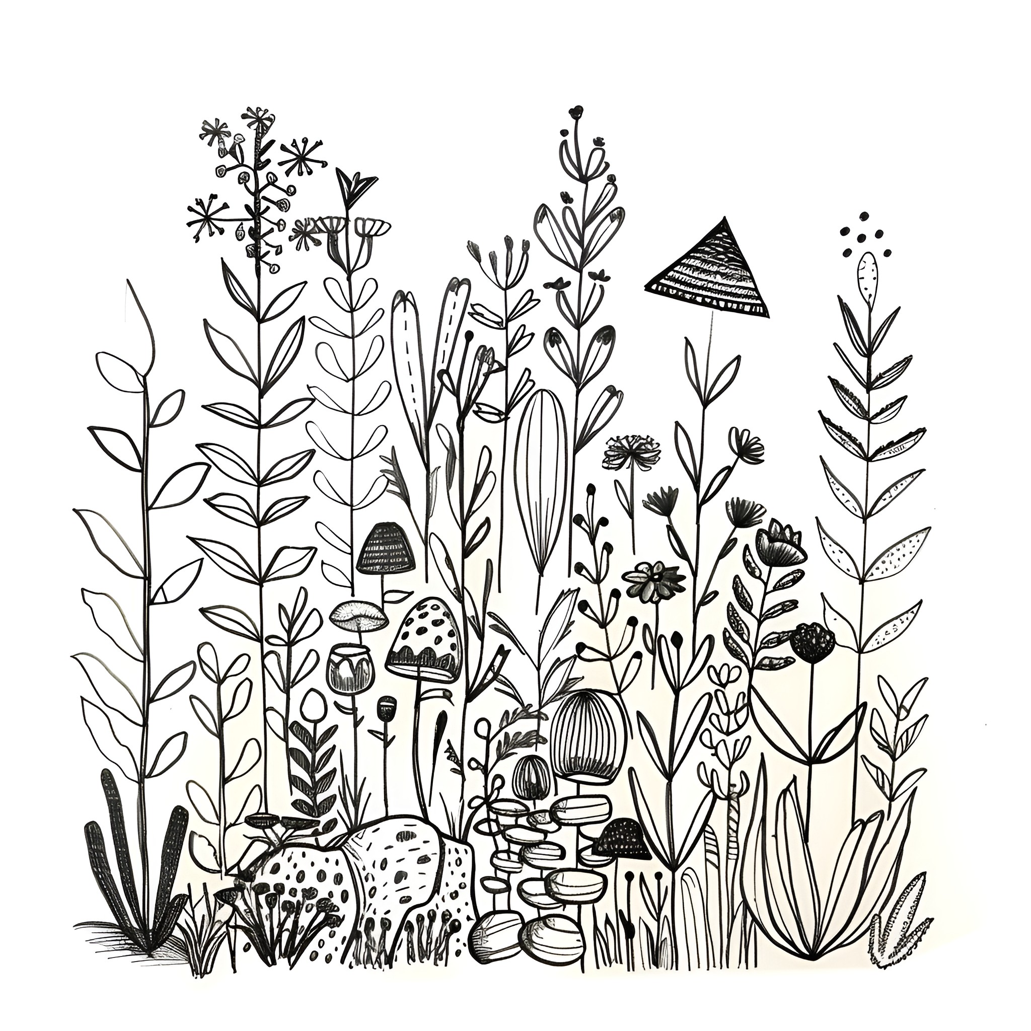 Cool Whimsical Botanical Illustration Drawing Idea (free black-and-white line drawing printable PDF for all, from beginners to advanced learners, including children, teens, adults, and seniors)