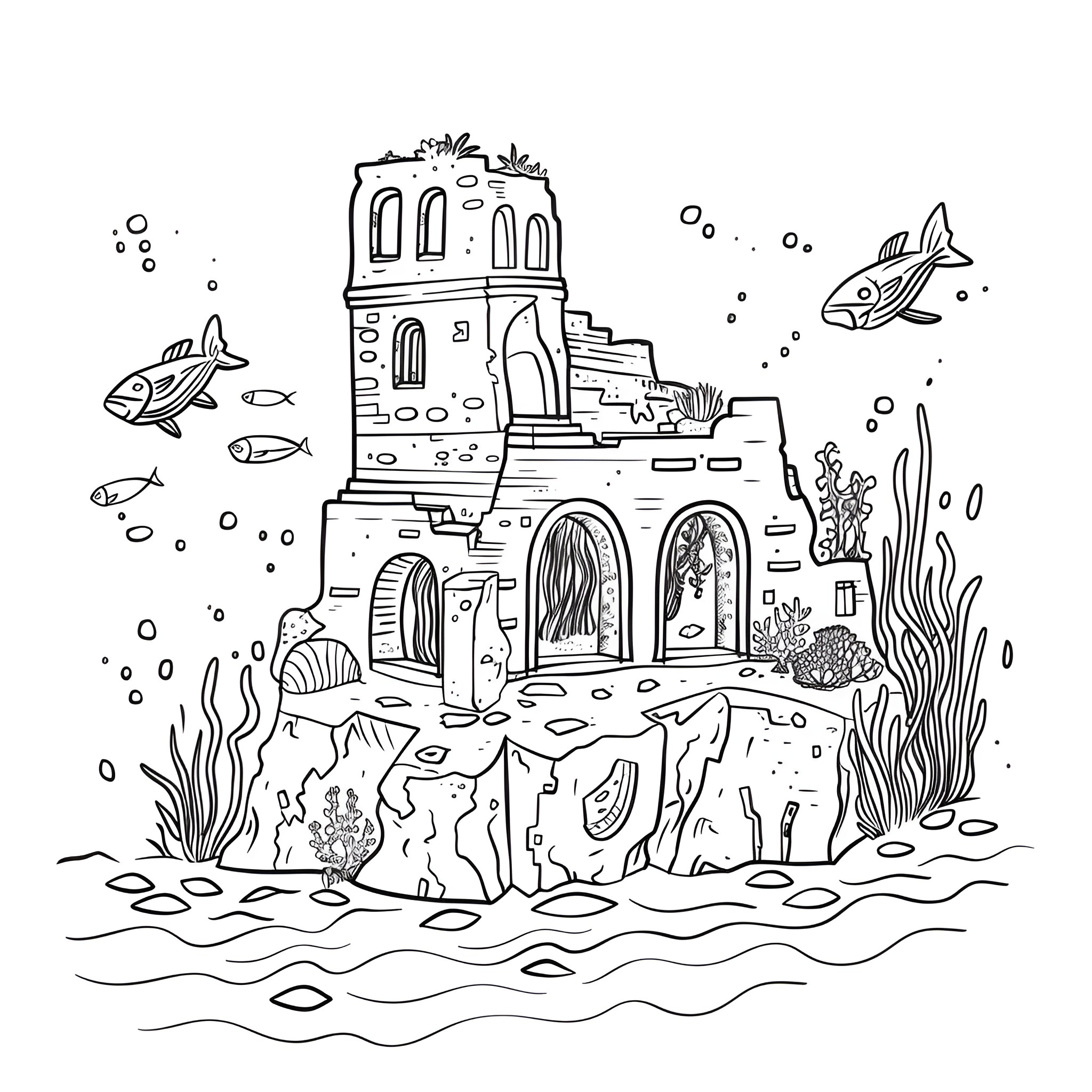 Cool Underwater Castle with Marine Life Drawing Idea (free black-and-white line drawing printable PDF for all, from beginners to advanced learners, including children, teens, adults, and seniors)