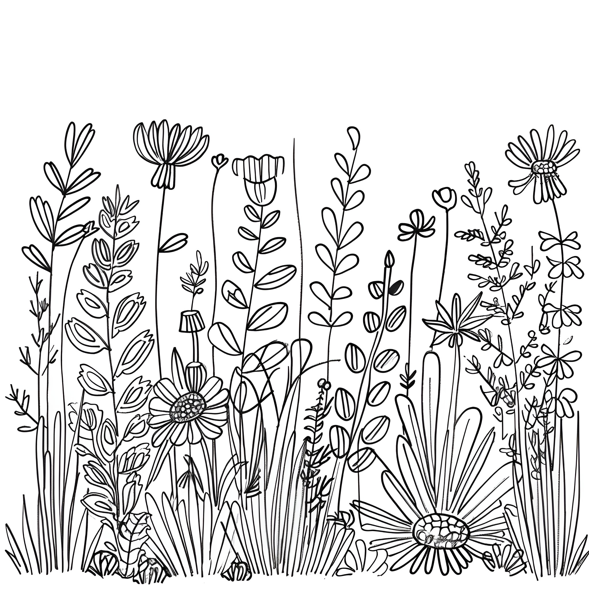 Cool Floral Garden Sketch Drawing Idea (free black-and-white line drawing printable PDF for all, from beginners to advanced learners, including children, teens, adults, and seniors)