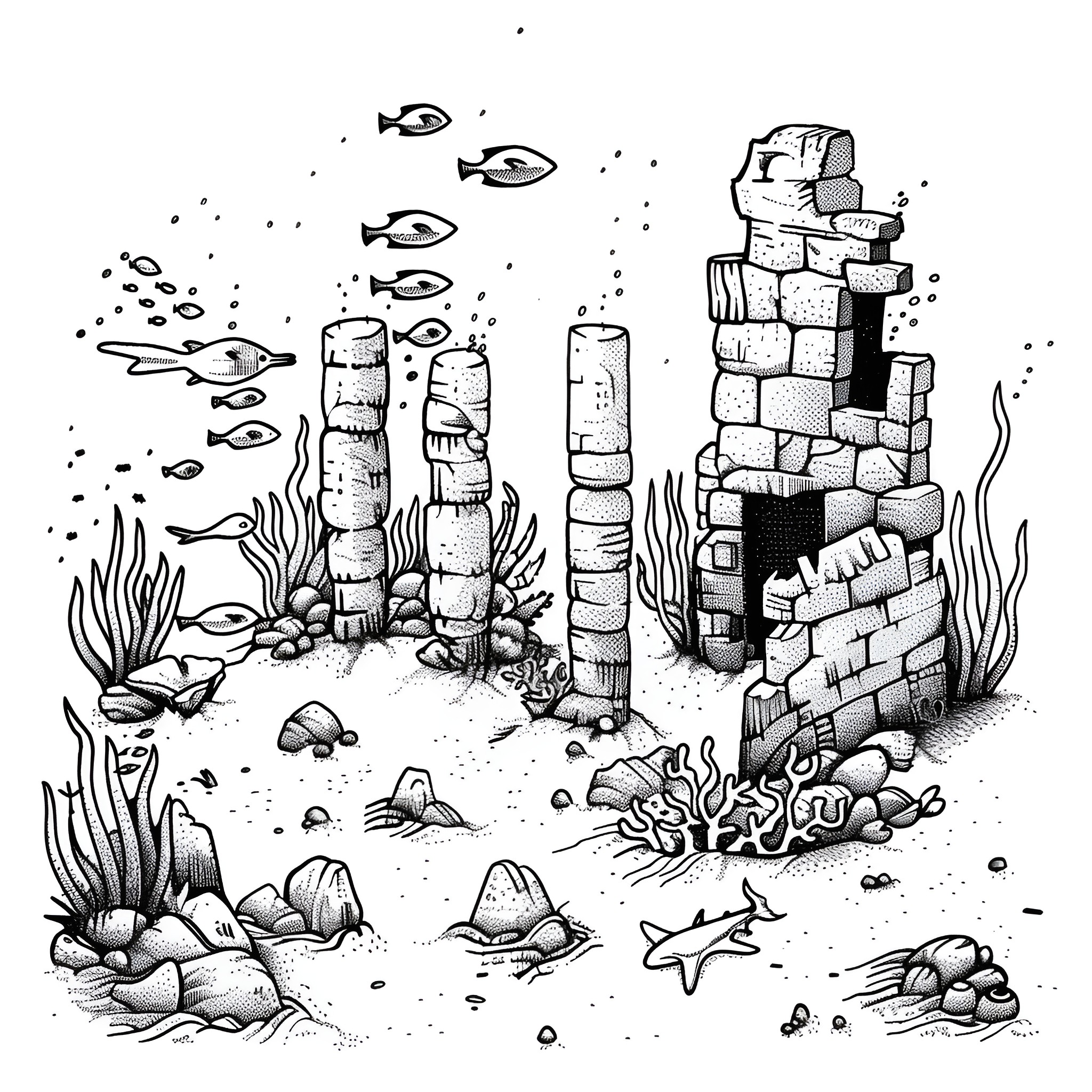 Cool Underwater Structures and Marine Life Drawing Idea (free black-and-white line drawing printable PDF for all, from beginners to advanced learners, including children, teens, adults, and seniors)