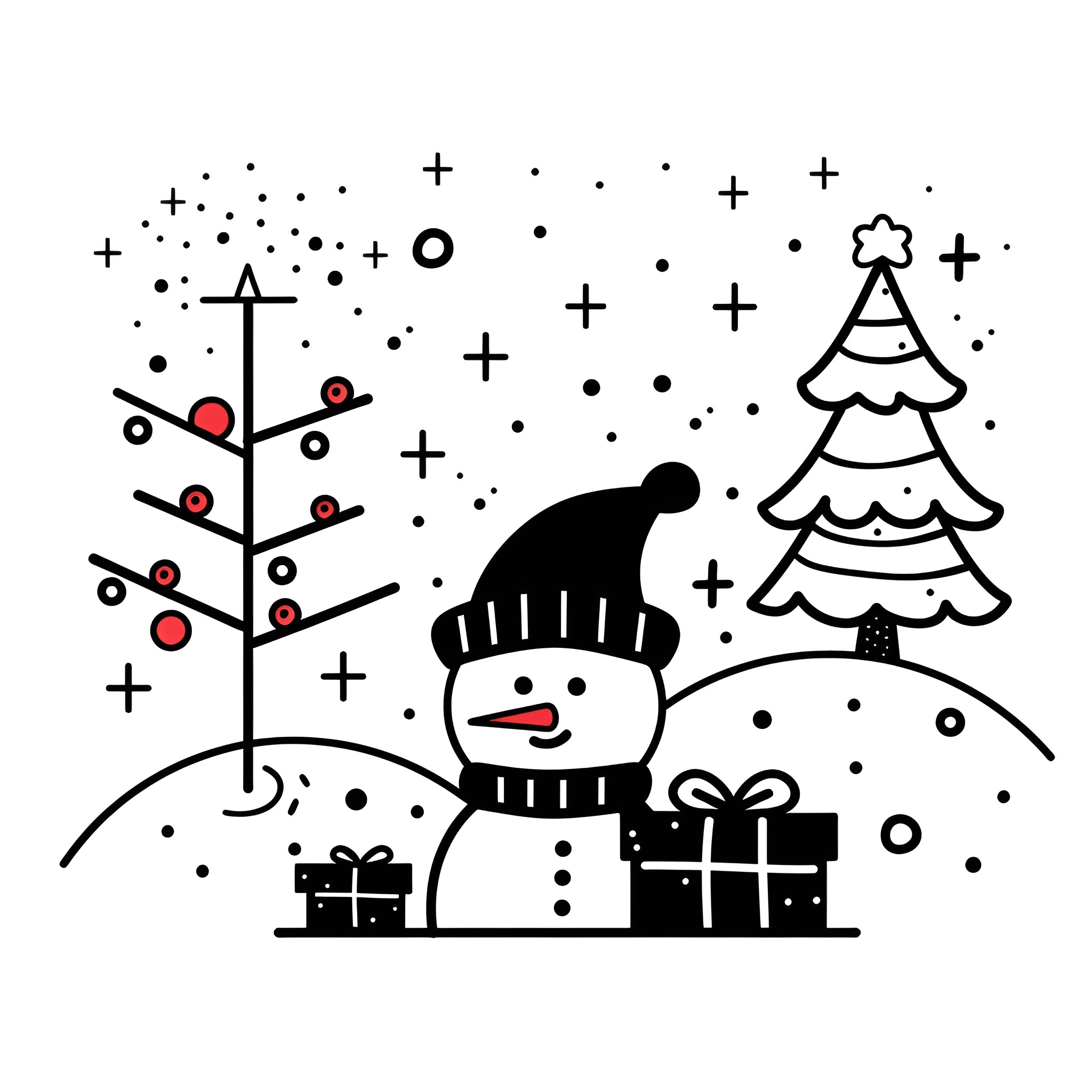 Christmas snowman and tree scene Drawing Idea (free black-and-white line drawing printable PDF for all, from beginners to advanced learners, including children, teens, adults, and seniors)