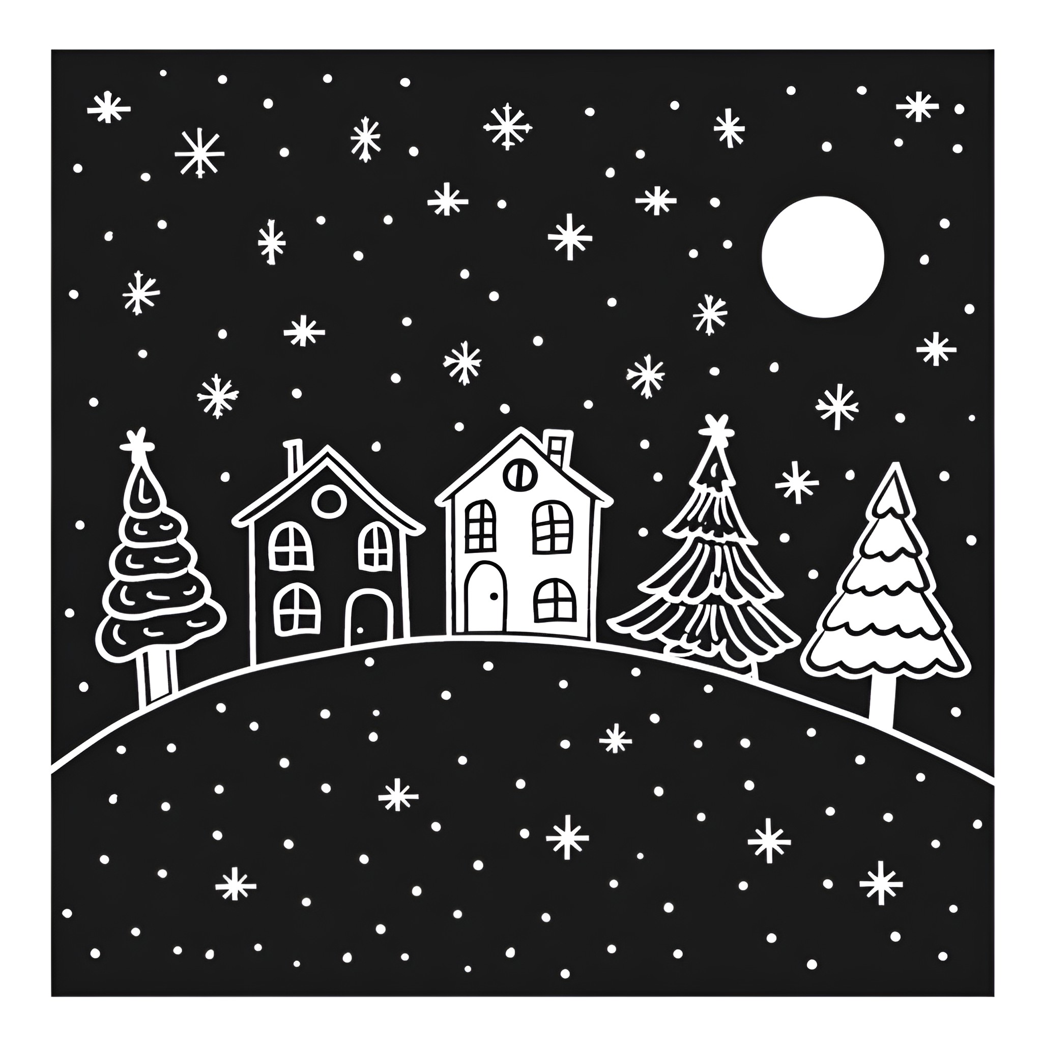Christmas village with snowy houses and trees Drawing Idea (free black-and-white line drawing printable PDF for all, from beginners to advanced learners, including children, teens, adults, and seniors)