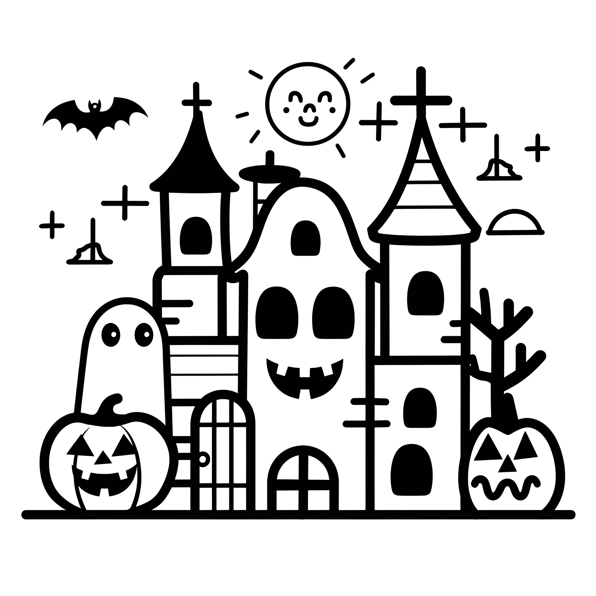 Halloween spooky town with jack-o'-lanterns Drawing Idea (free black-and-white line drawing printable PDF for all, from beginners to advanced learners, including children, teens, adults, and seniors)