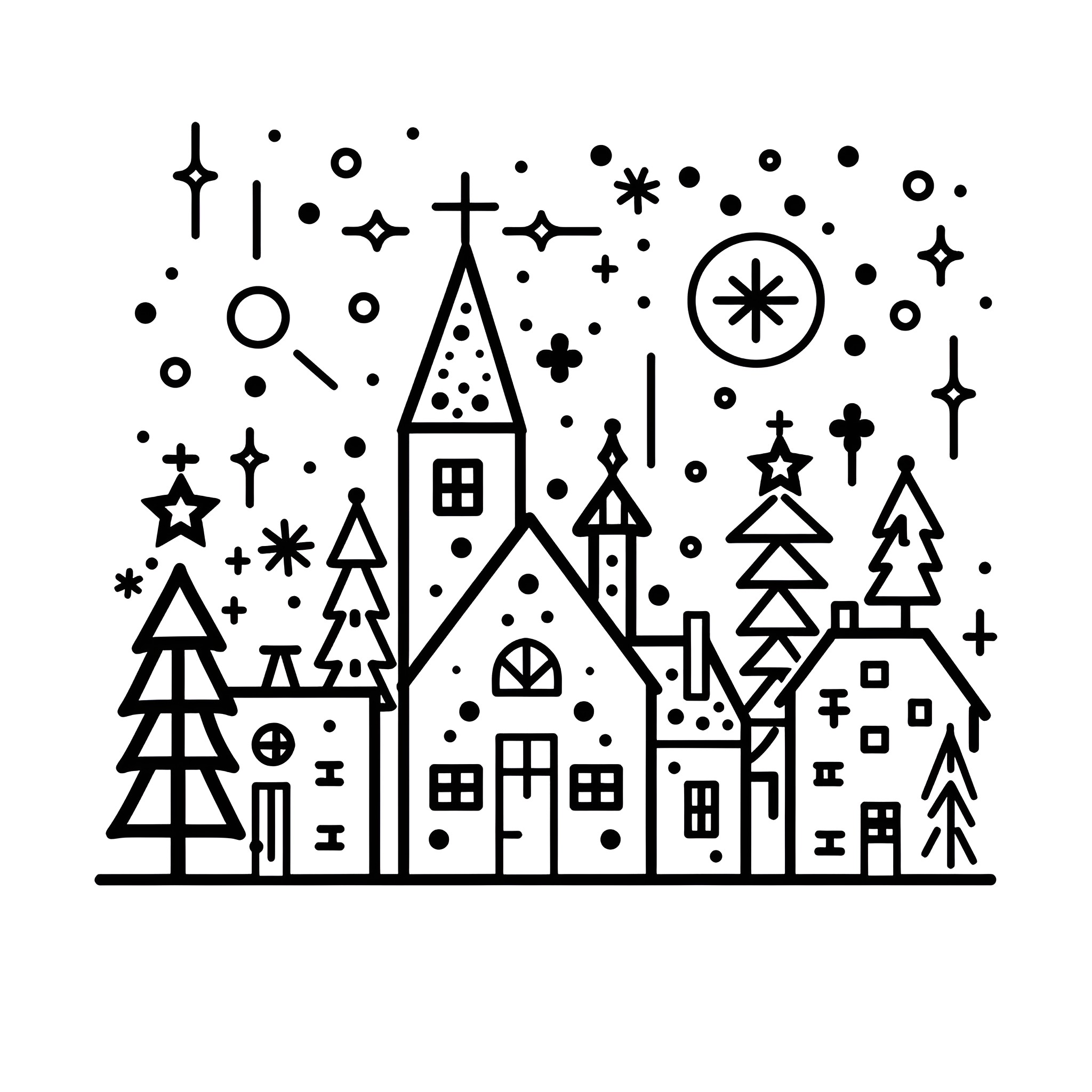 Christmas village with whimsical decorations Drawing Idea (free black-and-white line drawing printable PDF for all, from beginners to advanced learners, including children, teens, adults, and seniors)