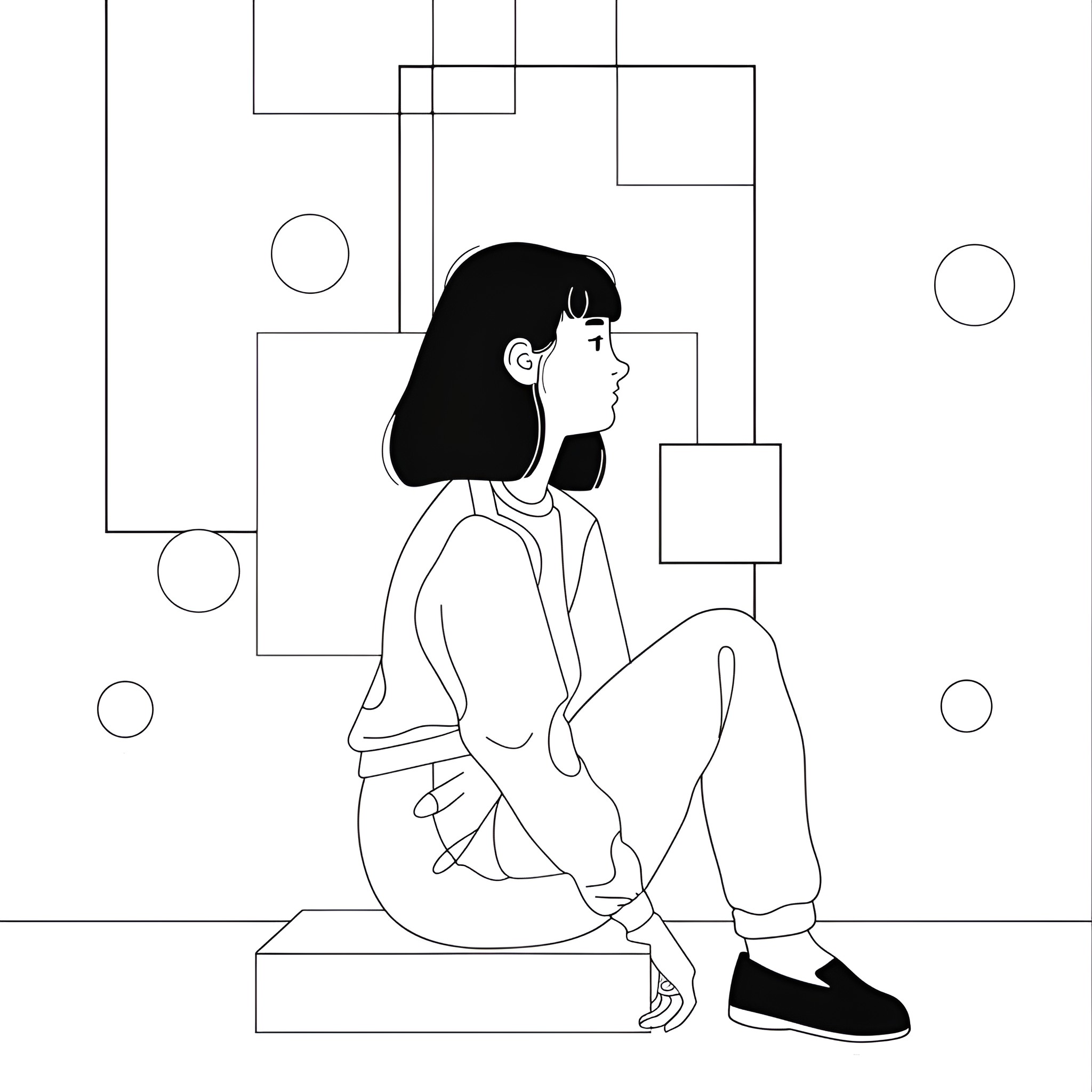 Aesthetic figure lost in thought Drawing Idea (free black-and-white line drawing printable PDF for all, from beginners to advanced learners, including children, teens, adults, and seniors)