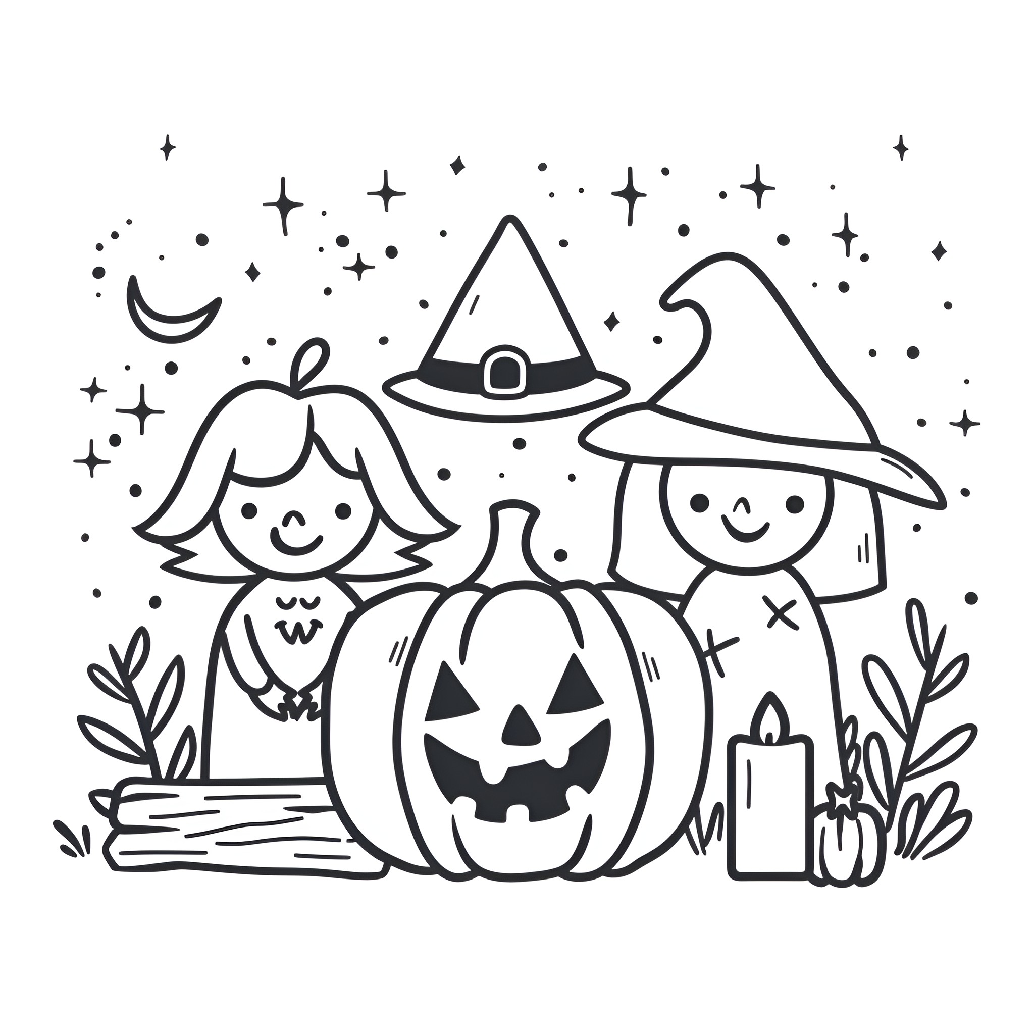 Halloween children in costumes Drawing Idea (free black-and-white line drawing printable PDF for all, from beginners to advanced learners, including children, teens, adults, and seniors)