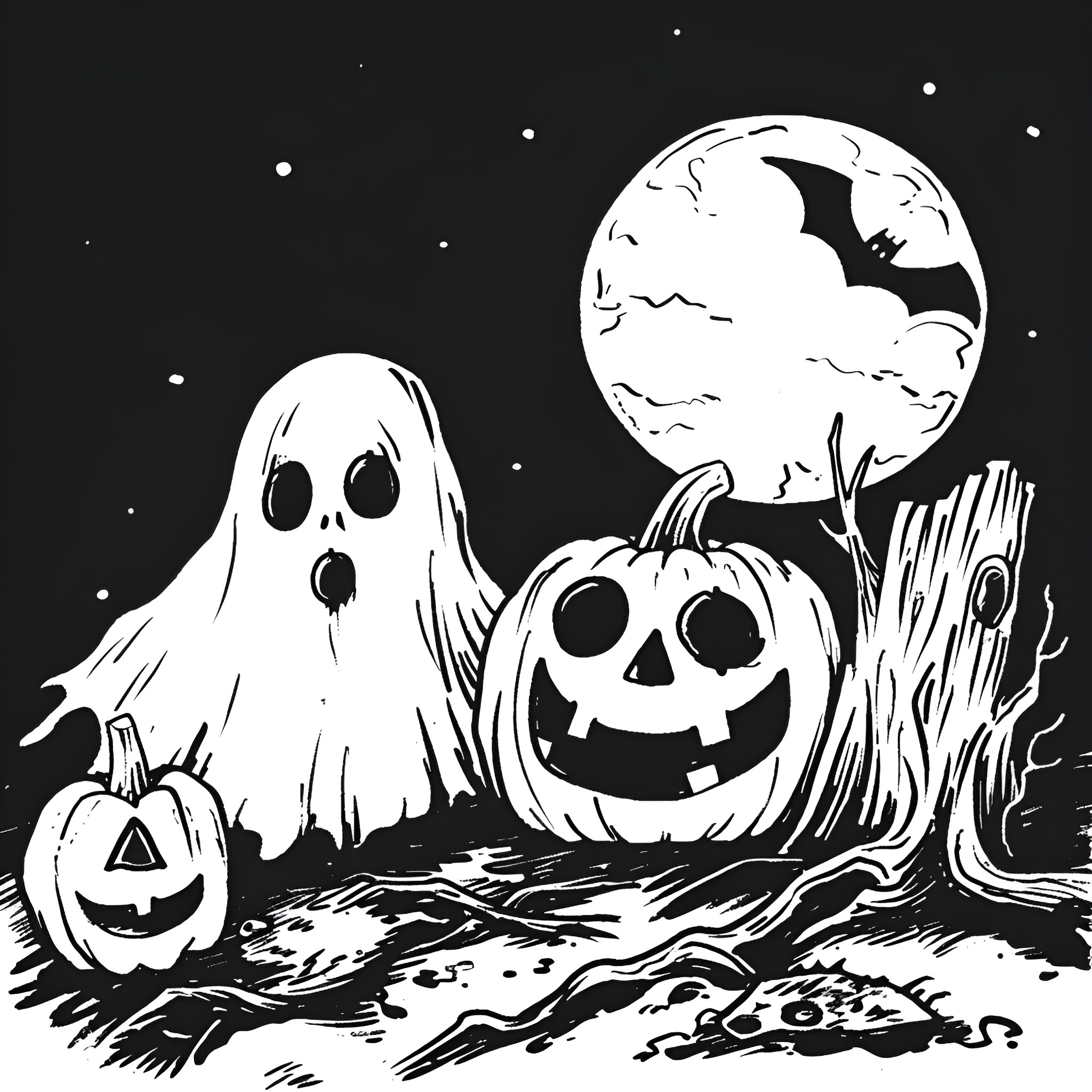 Halloween ghost and pumpkin scene Drawing Idea (free black-and-white line drawing printable PDF for all, from beginners to advanced learners, including children, teens, adults, and seniors)