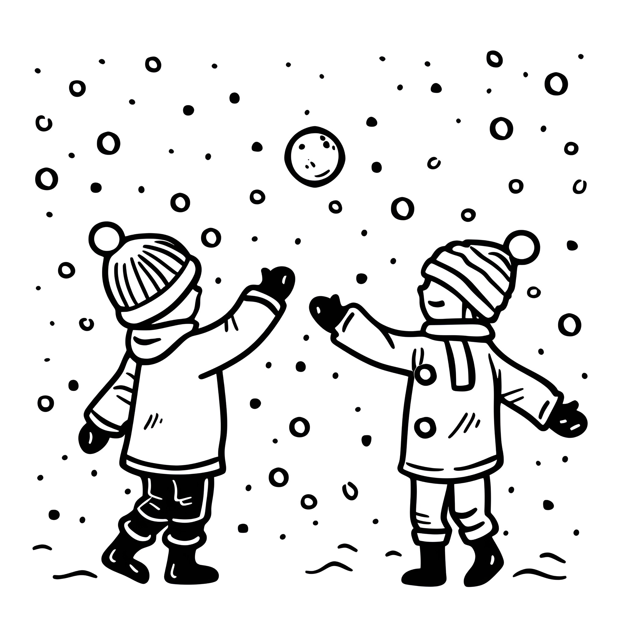 Christmas friends enjoying snowy weather Drawing Idea (free black-and-white line drawing printable PDF for all, from beginners to advanced learners, including children, teens, adults, and seniors)