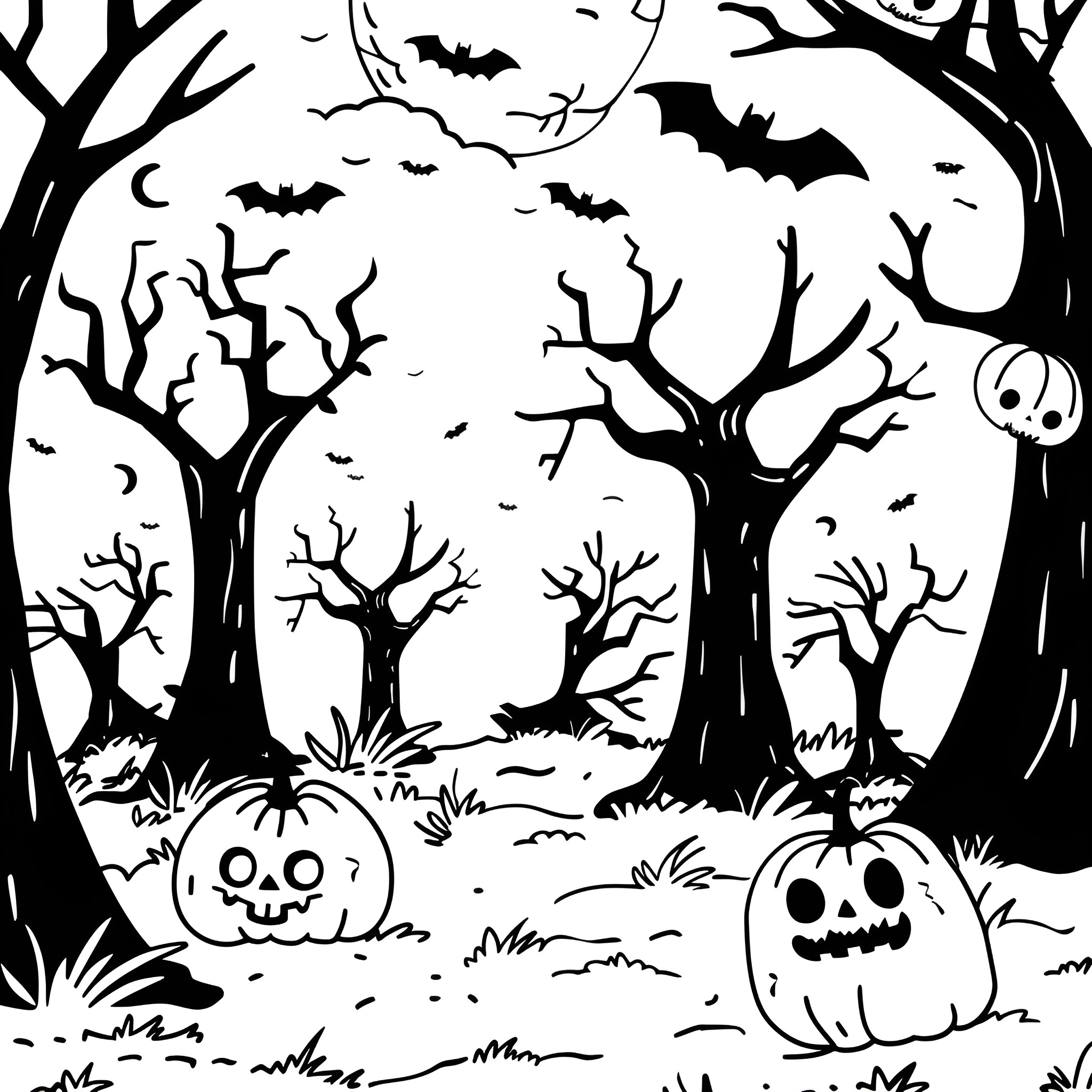 Halloween Spooky Forest Scene with Pumpkins Drawing Idea (free black-and-white line drawing printable PDF for all, from beginners to advanced learners, including children, teens, adults, and seniors)