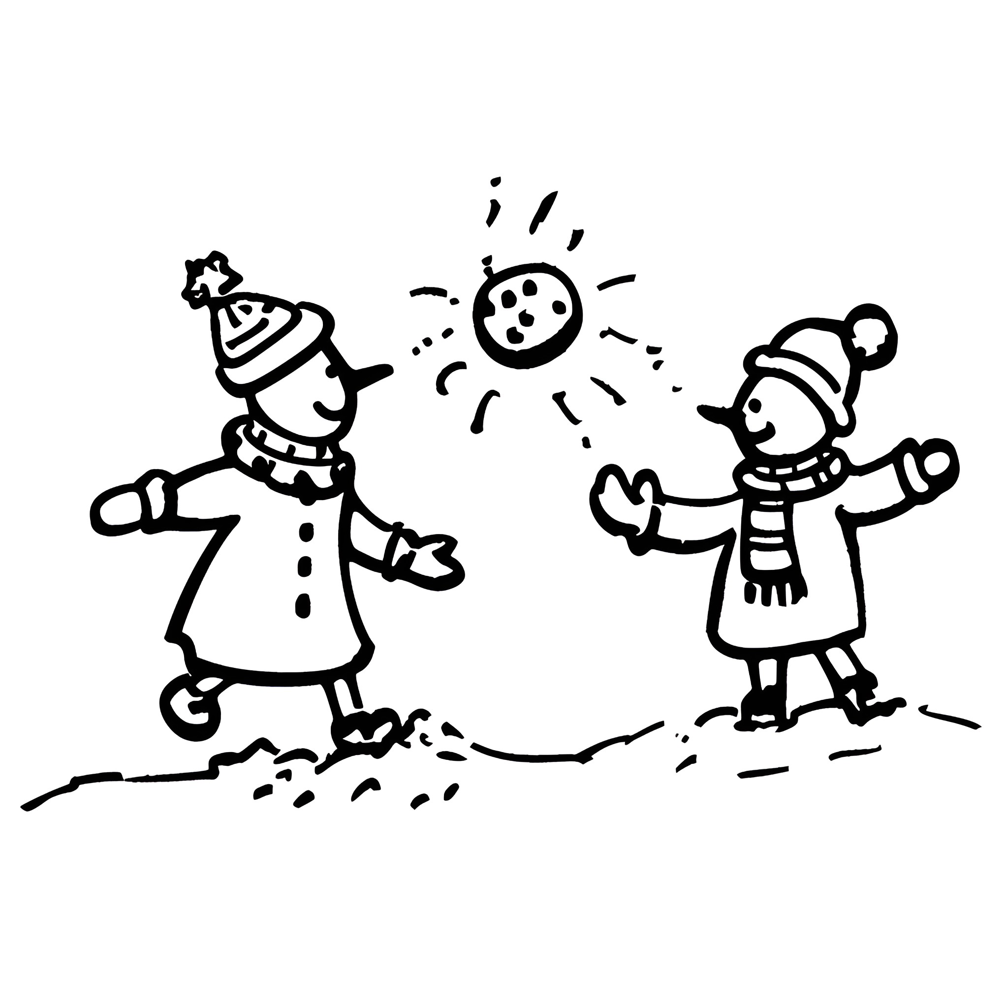Christmas children playing in the snow Drawing Idea (free black-and-white line drawing printable PDF for all, from beginners to advanced learners, including children, teens, adults, and seniors)