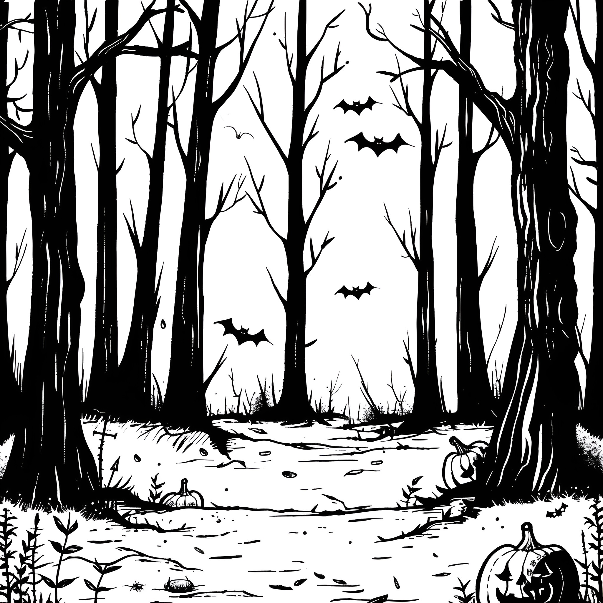 Halloween Spooky Forest with Bats and Pumpkin Drawing Idea (free black-and-white line drawing printable PDF for all, from beginners to advanced learners, including children, teens, adults, and seniors)