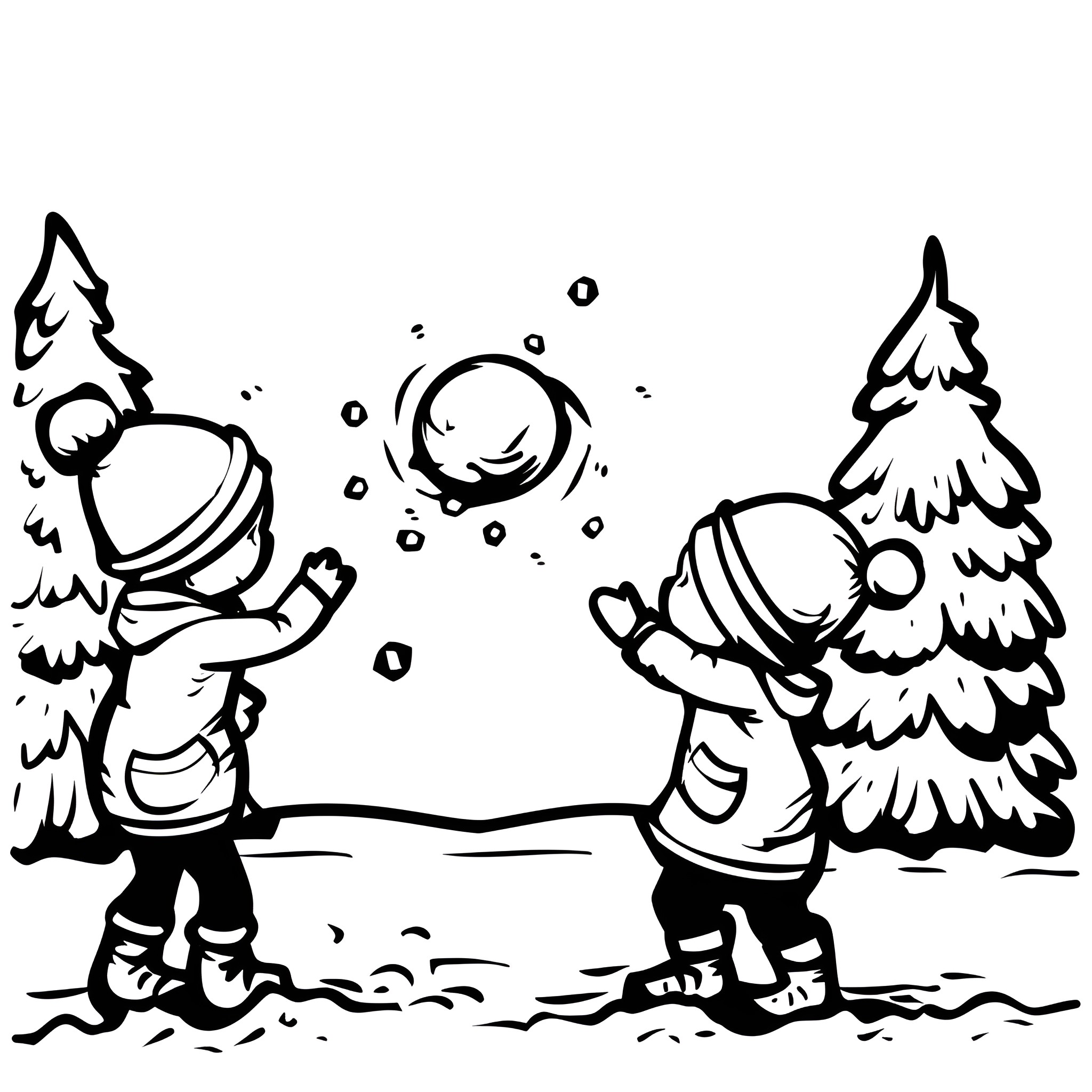 Christmas characters playing in snowy forest Drawing Idea (free black-and-white line drawing printable PDF for all, from beginners to advanced learners, including children, teens, adults, and seniors)