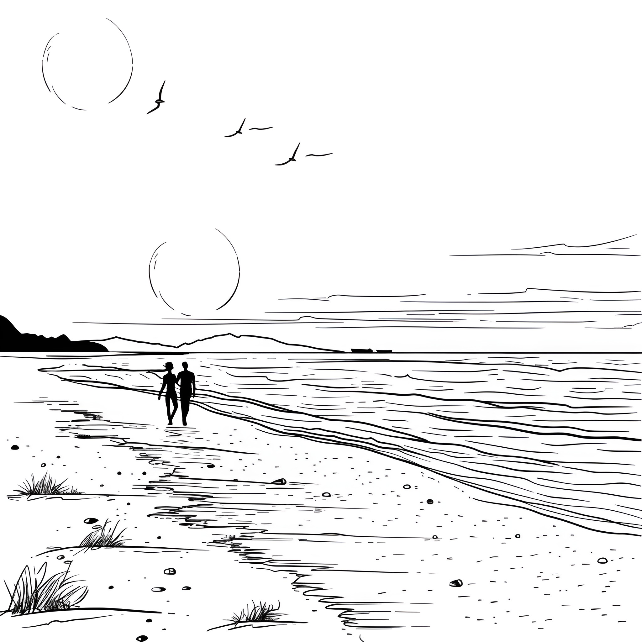 Aesthetic Silhouette Couple Walking on Beach Drawing Idea (free black-and-white line drawing printable PDF for all, from beginners to advanced learners, including children, teens, adults, and seniors)