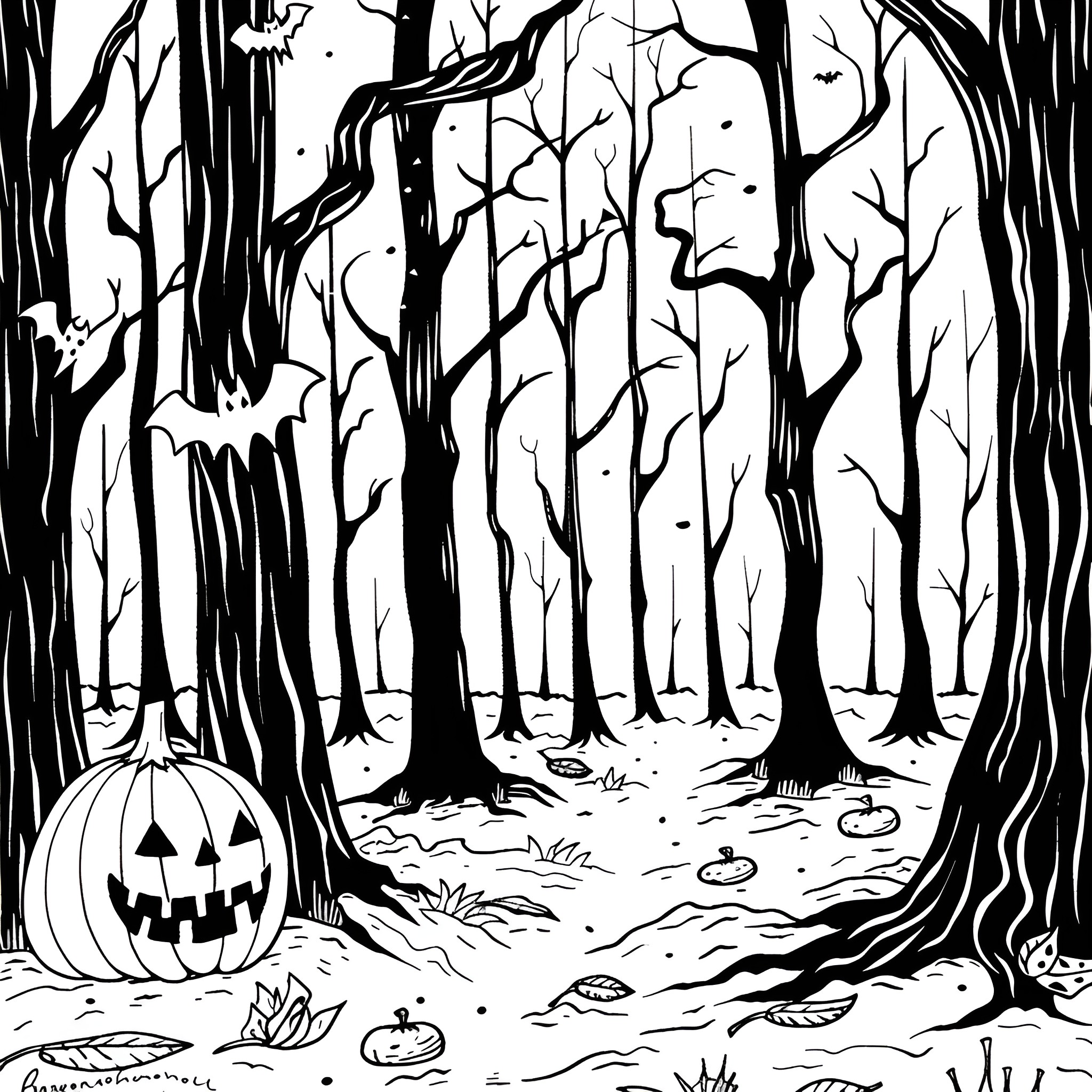 Halloween Haunted Forest with Spooky Pumpkin Drawing Idea (free black-and-white line drawing printable PDF for all, from beginners to advanced learners, including children, teens, adults, and seniors)